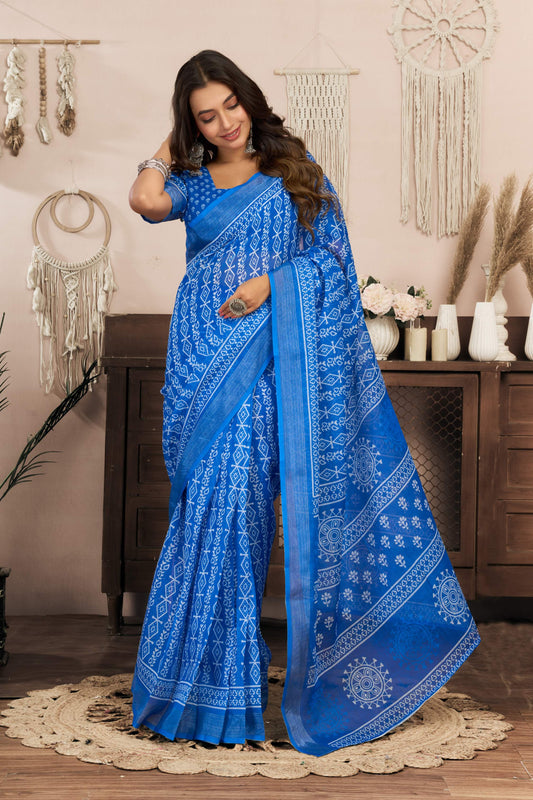 Ready-to-Wear Linen Saree with Zari Border & Printed Design | 1 Minute Saree(HRTW78