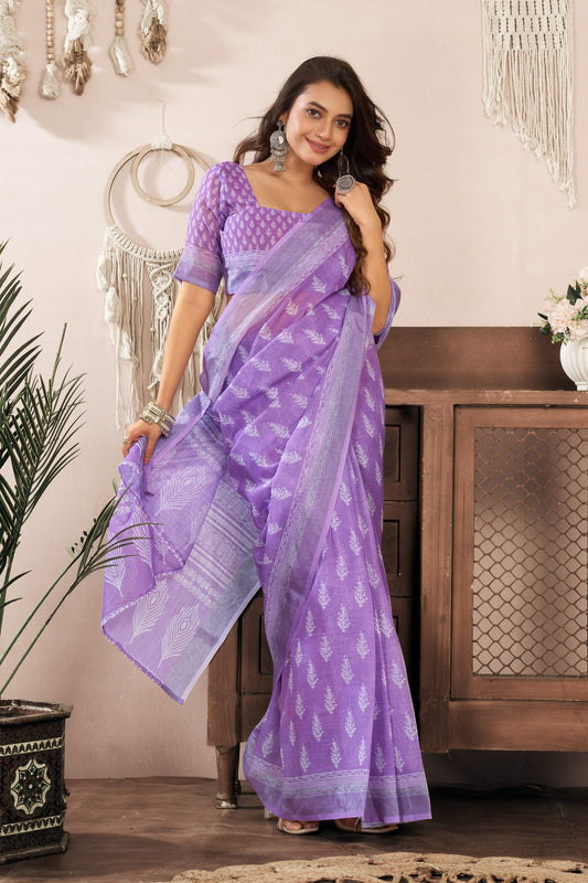 Ready-to-Wear Linen Saree with Zari Border & Printed Design | 1 Minute Saree(HRTW79