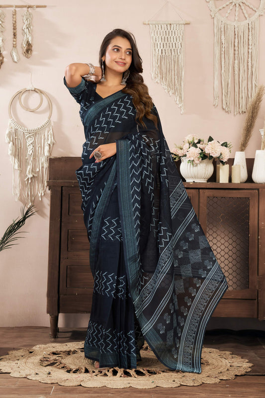 Ready-to-Wear Linen Saree with Zari Border & Printed Design | 1 Minute Saree(HRTW80