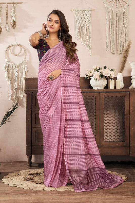Ready-to-Wear Linen Saree with Zari Border & Printed Design | 1 Minute Saree(HRTW81