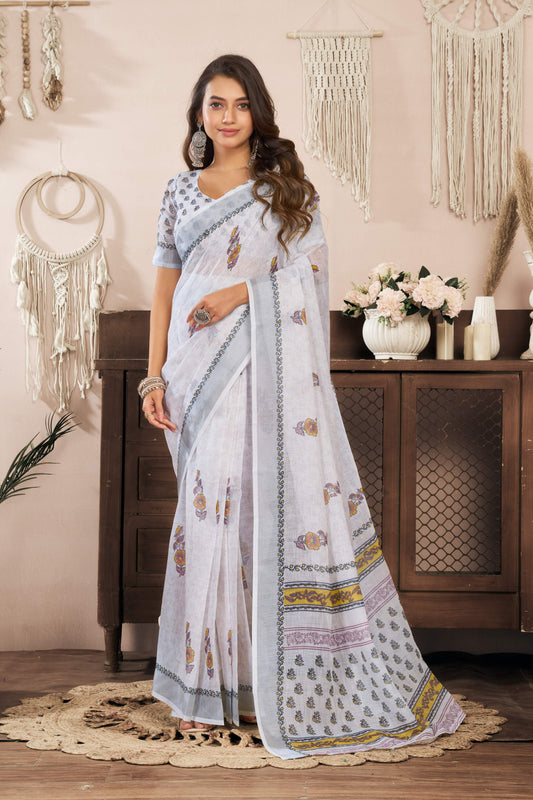 Ready-to-Wear Linen Saree with Zari Border & Printed Design | 1 Minute Saree(HRTW82