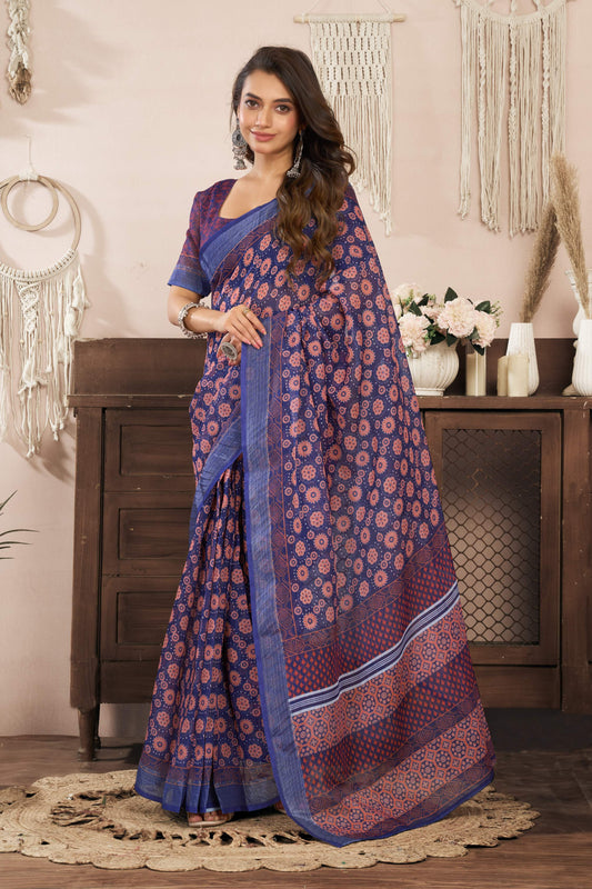 Ready-to-Wear Linen Saree with Zari Border & Printed Design | 1 Minute Saree(HRTW83