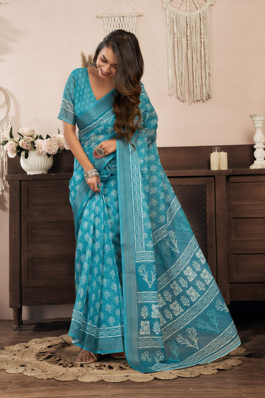 Ready-to-Wear Linen Saree with Zari Border & Printed Design | 1 Minute Saree(HRTW84