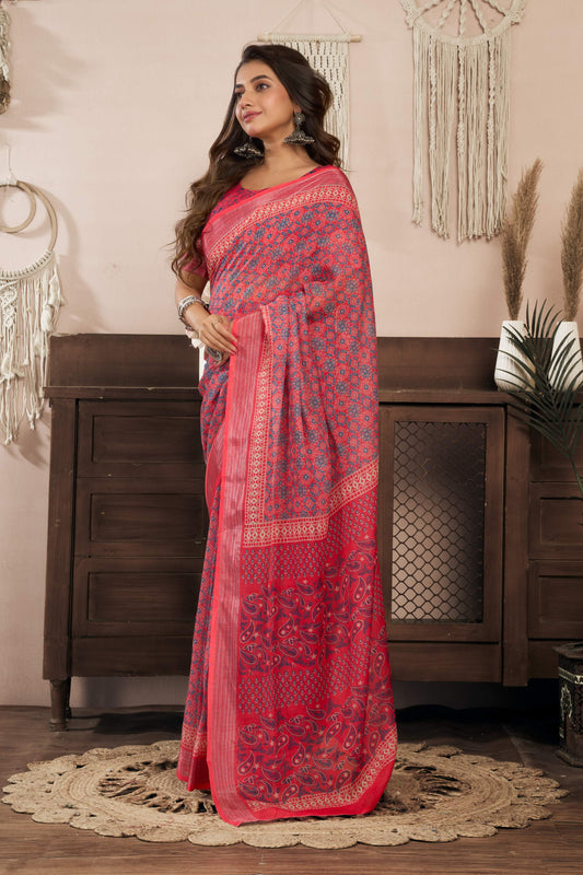 Ready-to-Wear Linen Saree with Zari Border & Printed Design | 1 Minute Saree(HRTW85