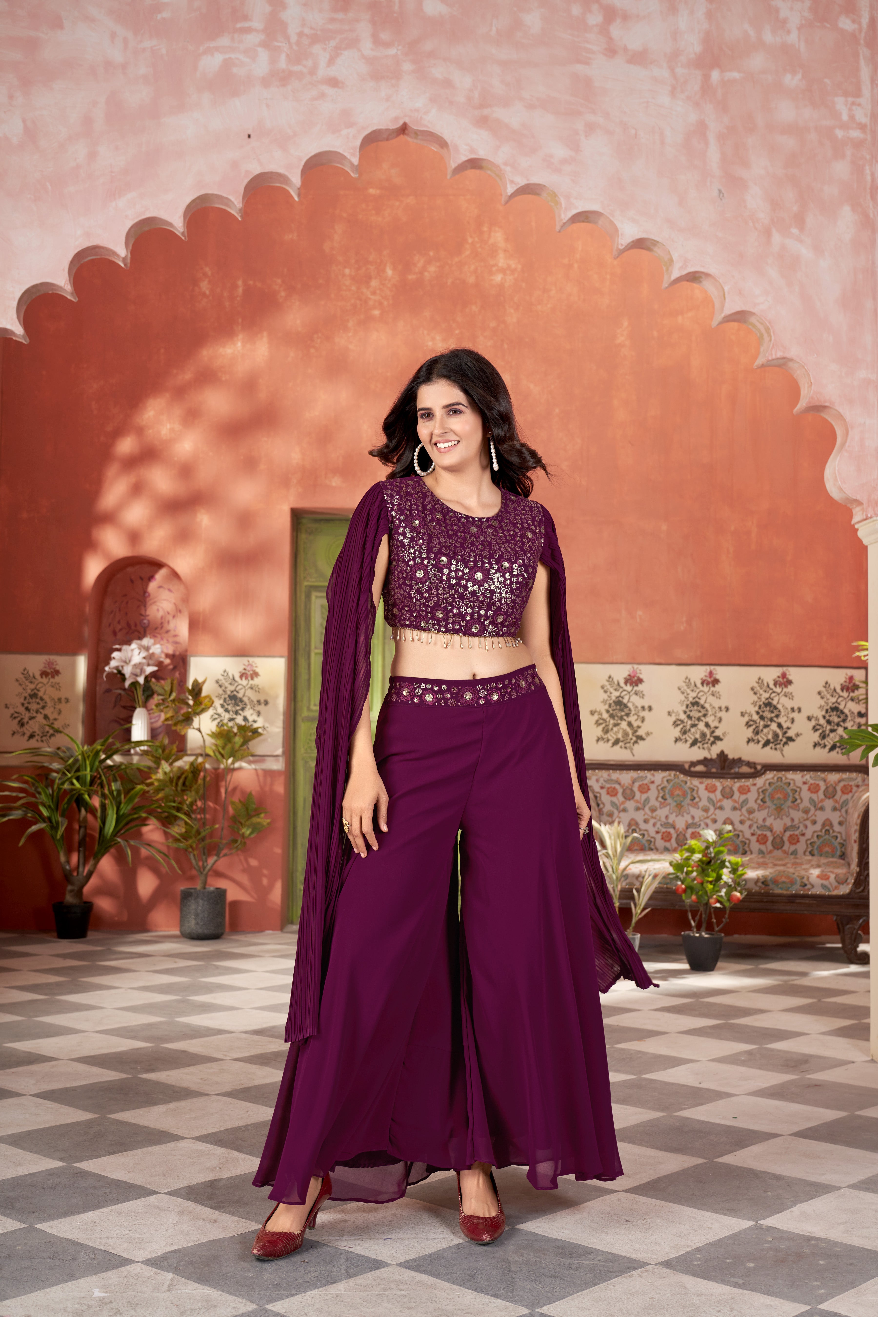 Wine Women’s Crop Top & Palazzo Set – Stylish Ethnic & Festive Wear