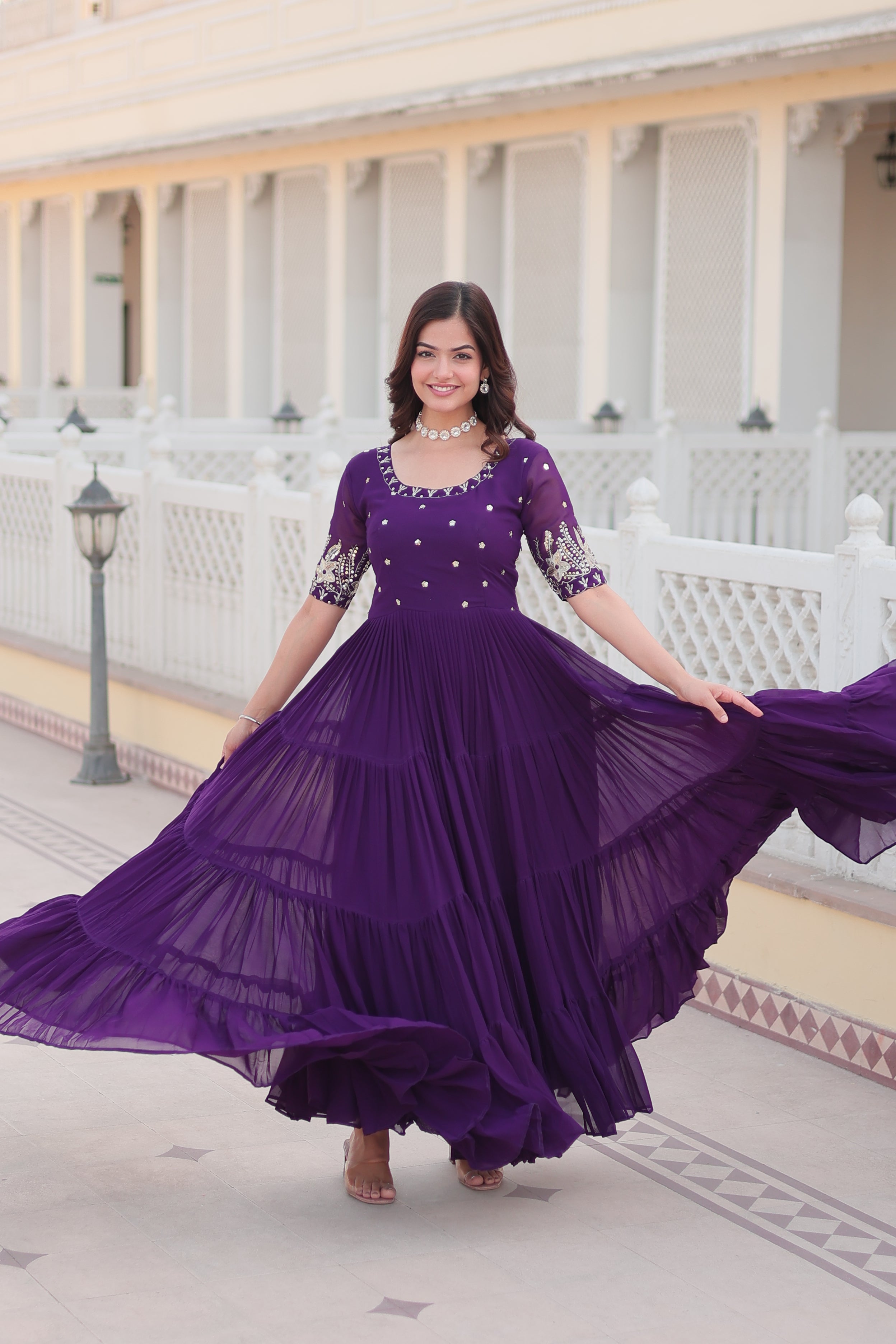 Women’s Purple Georgette Gown – Elegant Designer Wear with Embroidered Detailing
