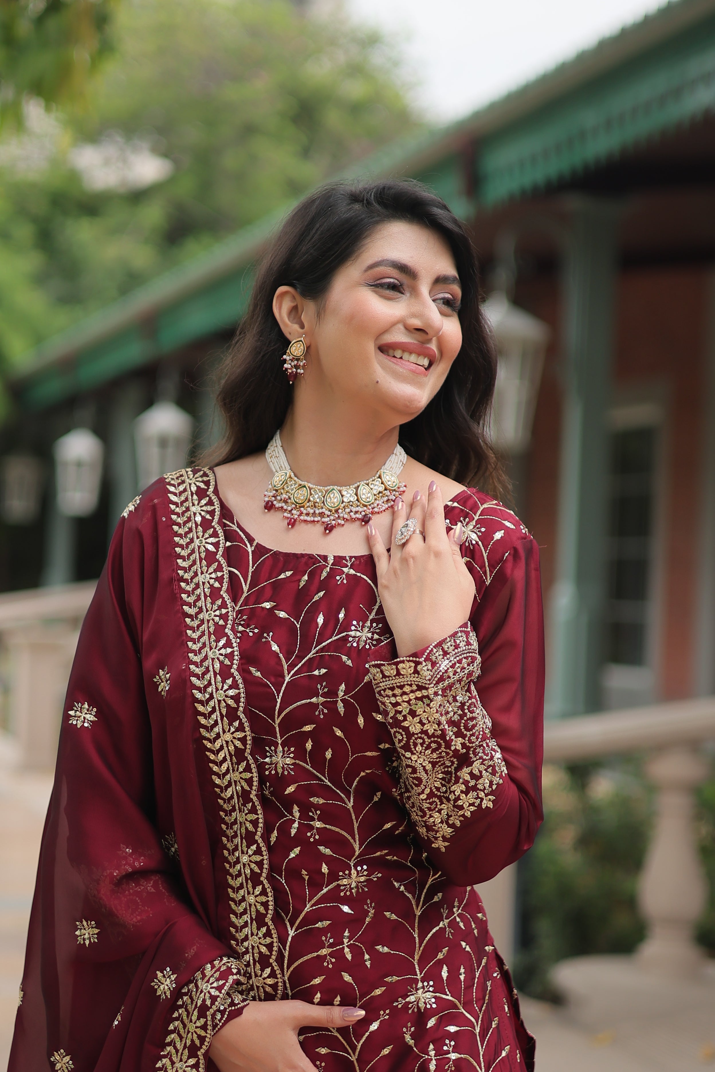 Women’s Maroon Silk Salwar Suit – Elegant Designer Wear with Embroidered Detailing