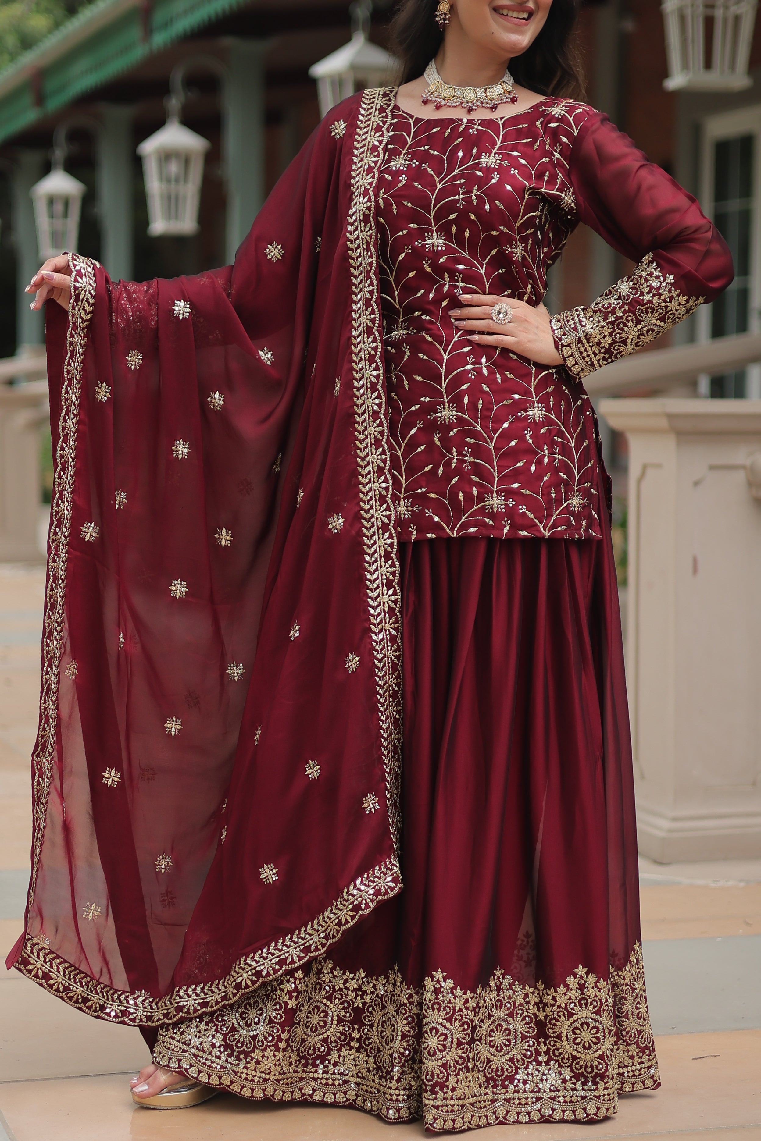 Women’s Maroon Silk Salwar Suit – Elegant Designer Wear with Embroidered Detailing
