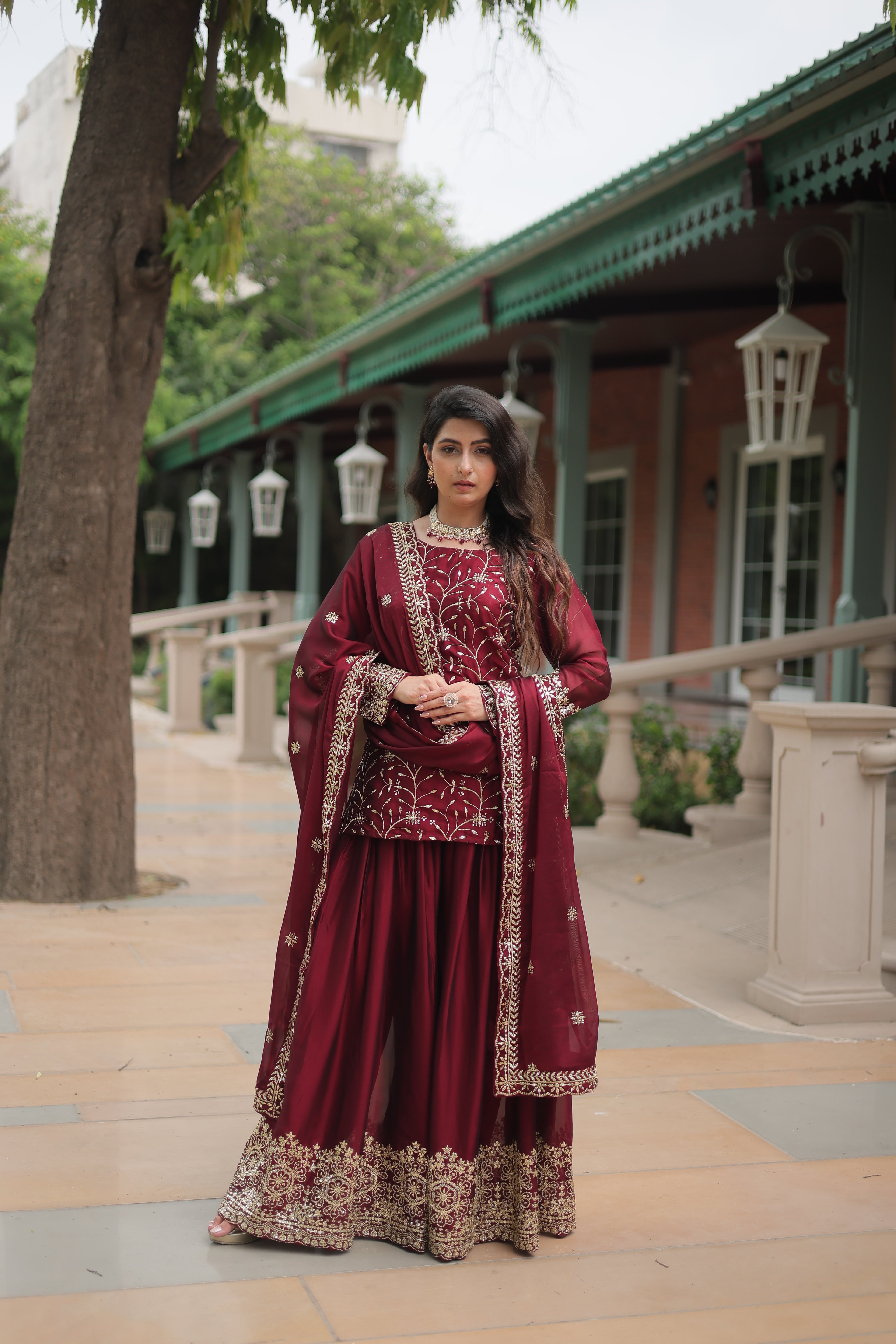 Women’s Maroon Silk Salwar Suit – Elegant Designer Wear with Embroidered Detailing