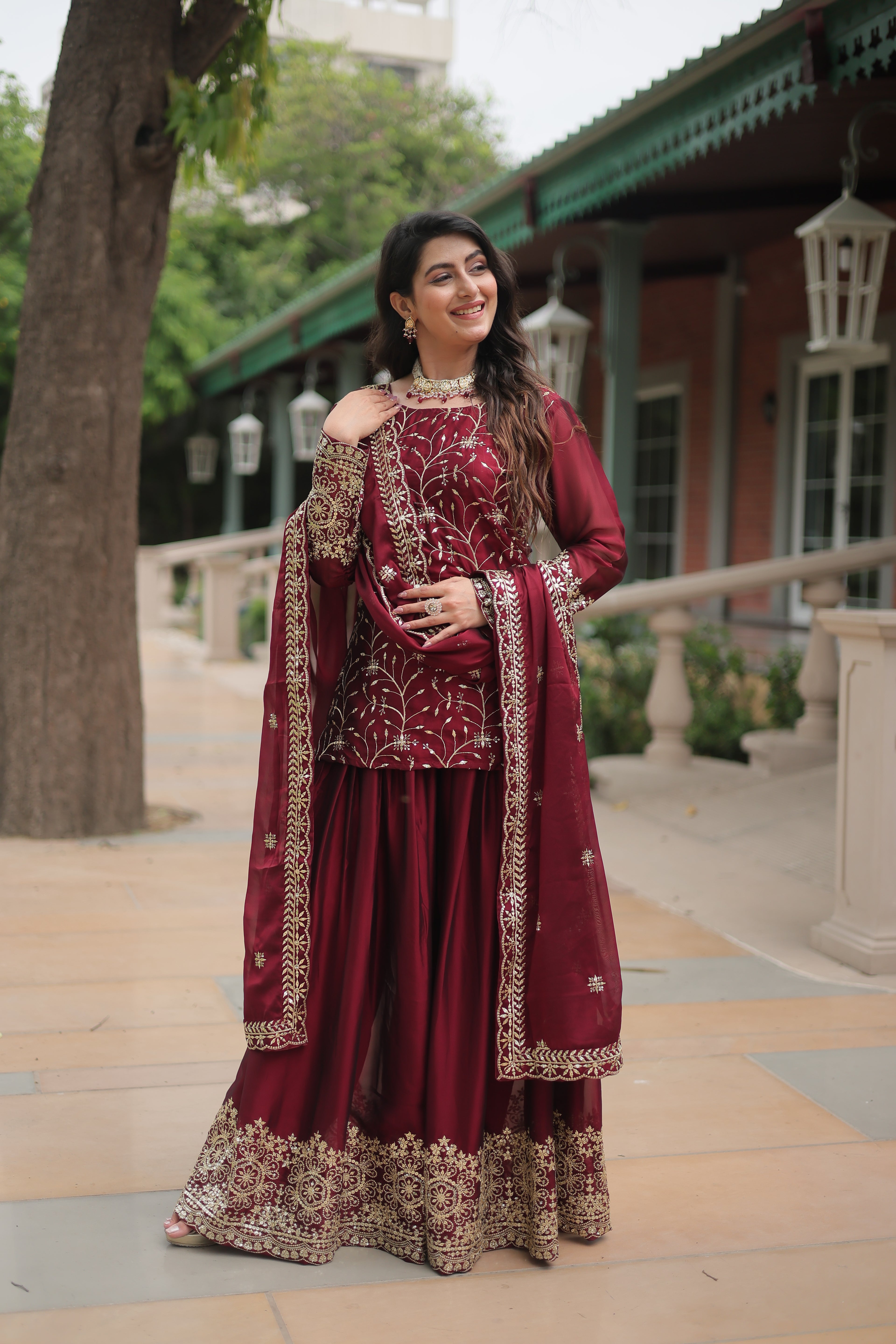 Women’s Maroon Silk Salwar Suit – Elegant Designer Wear with Embroidered Detailing