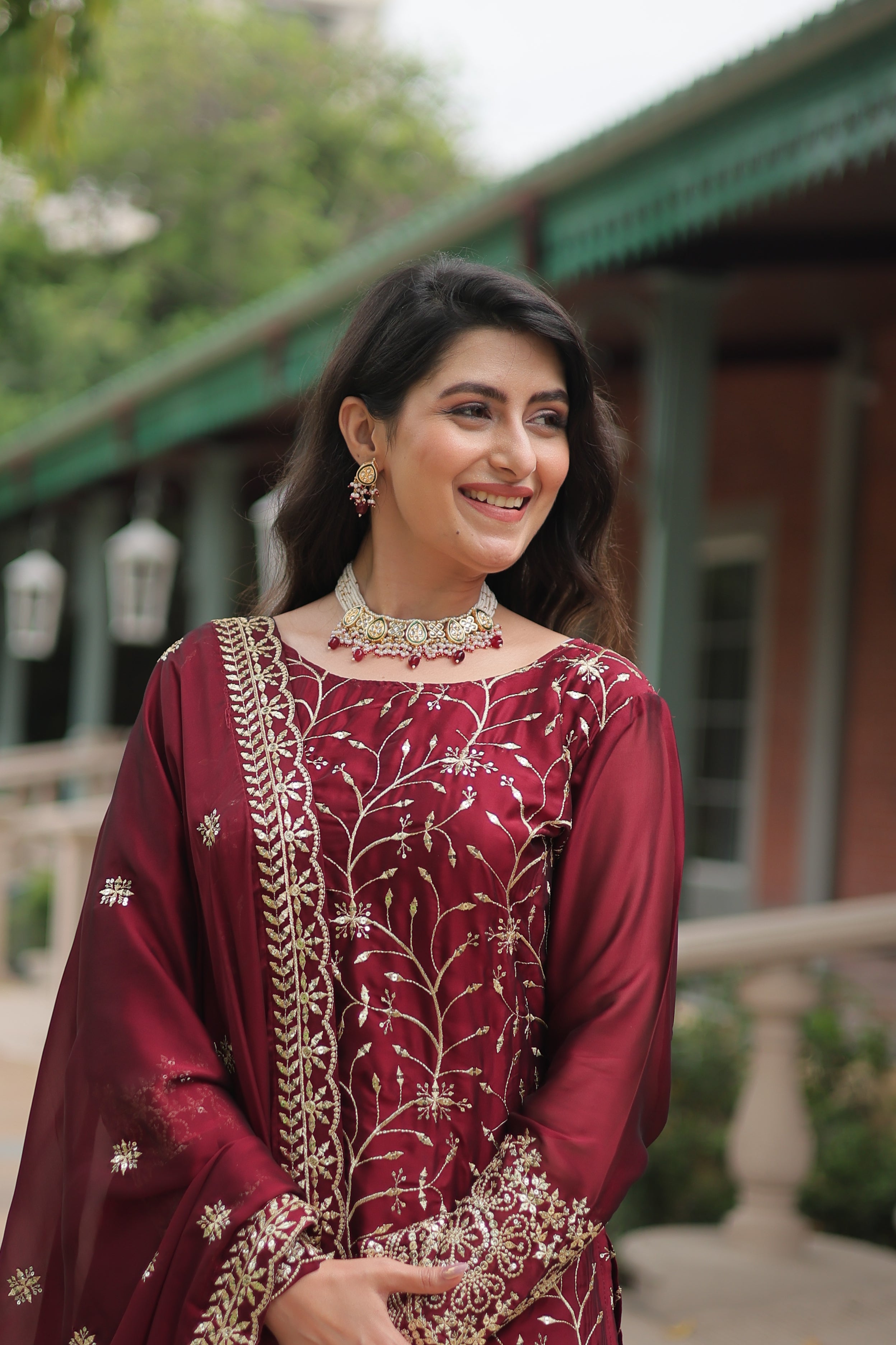 Women’s Maroon Silk Salwar Suit – Elegant Designer Wear with Embroidered Detailing