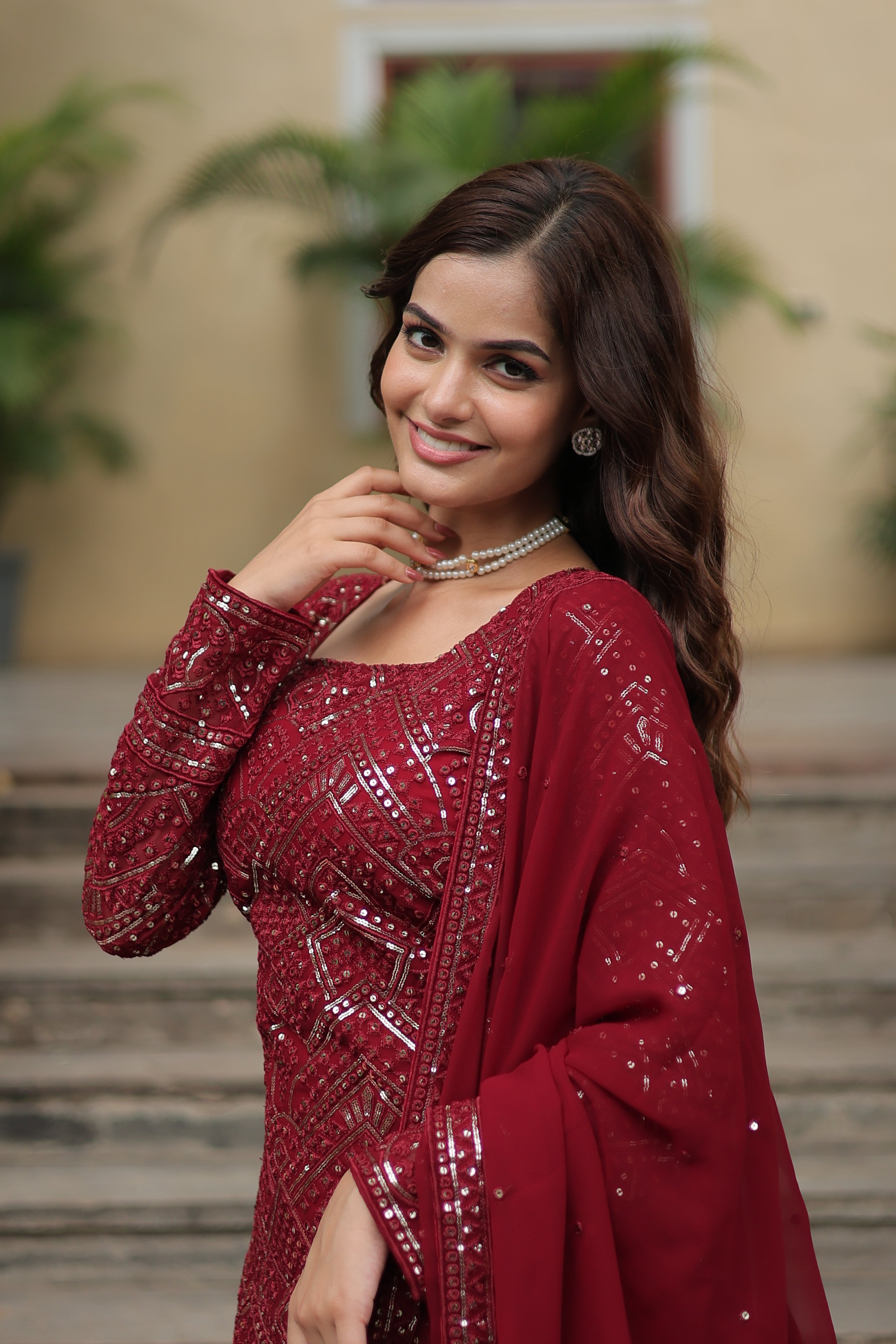 Women’s Maroon Georgette Salwar Suit – Elegant Embroidered Designer Wear