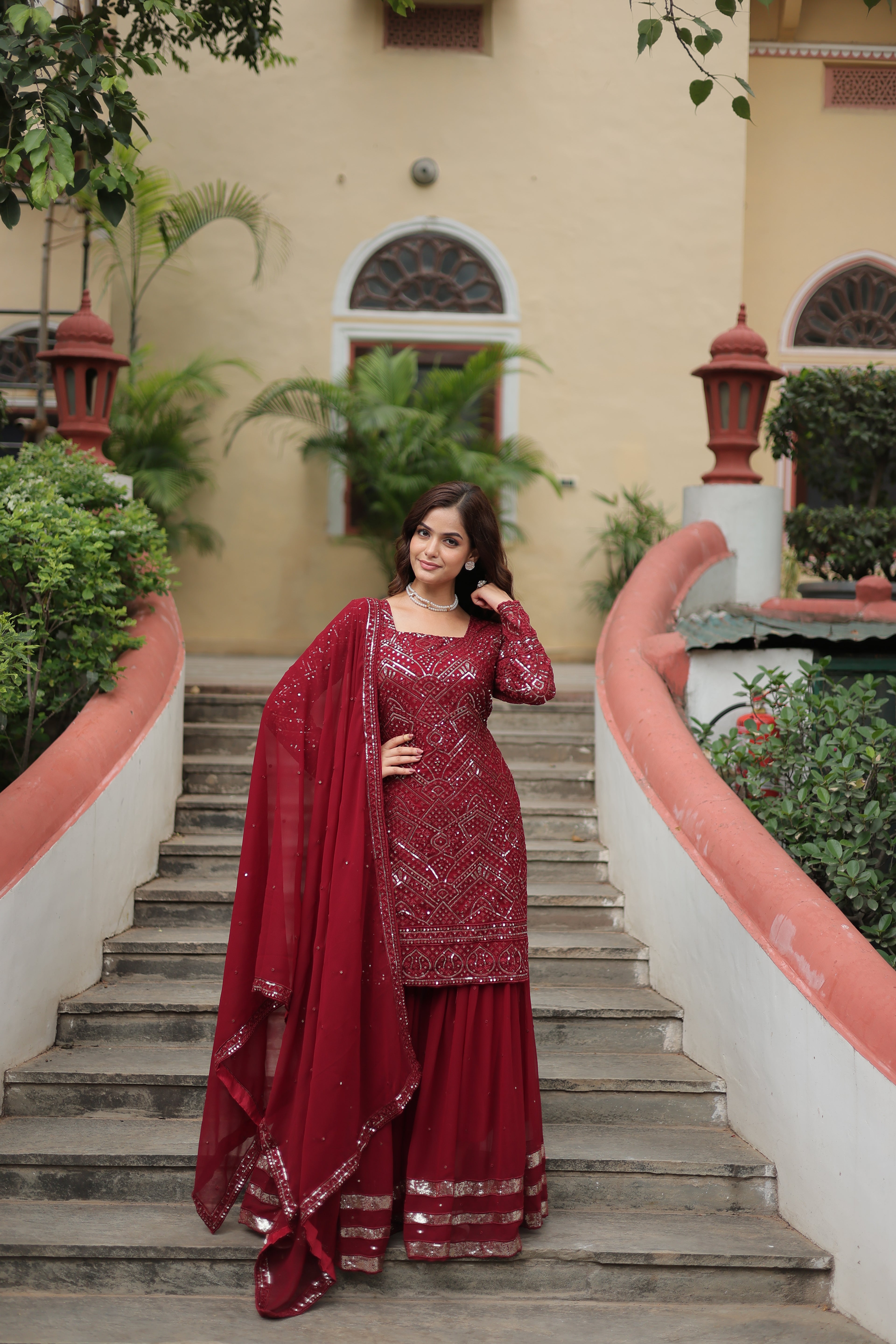 Women’s Maroon Georgette Salwar Suit – Elegant Embroidered Designer Wear