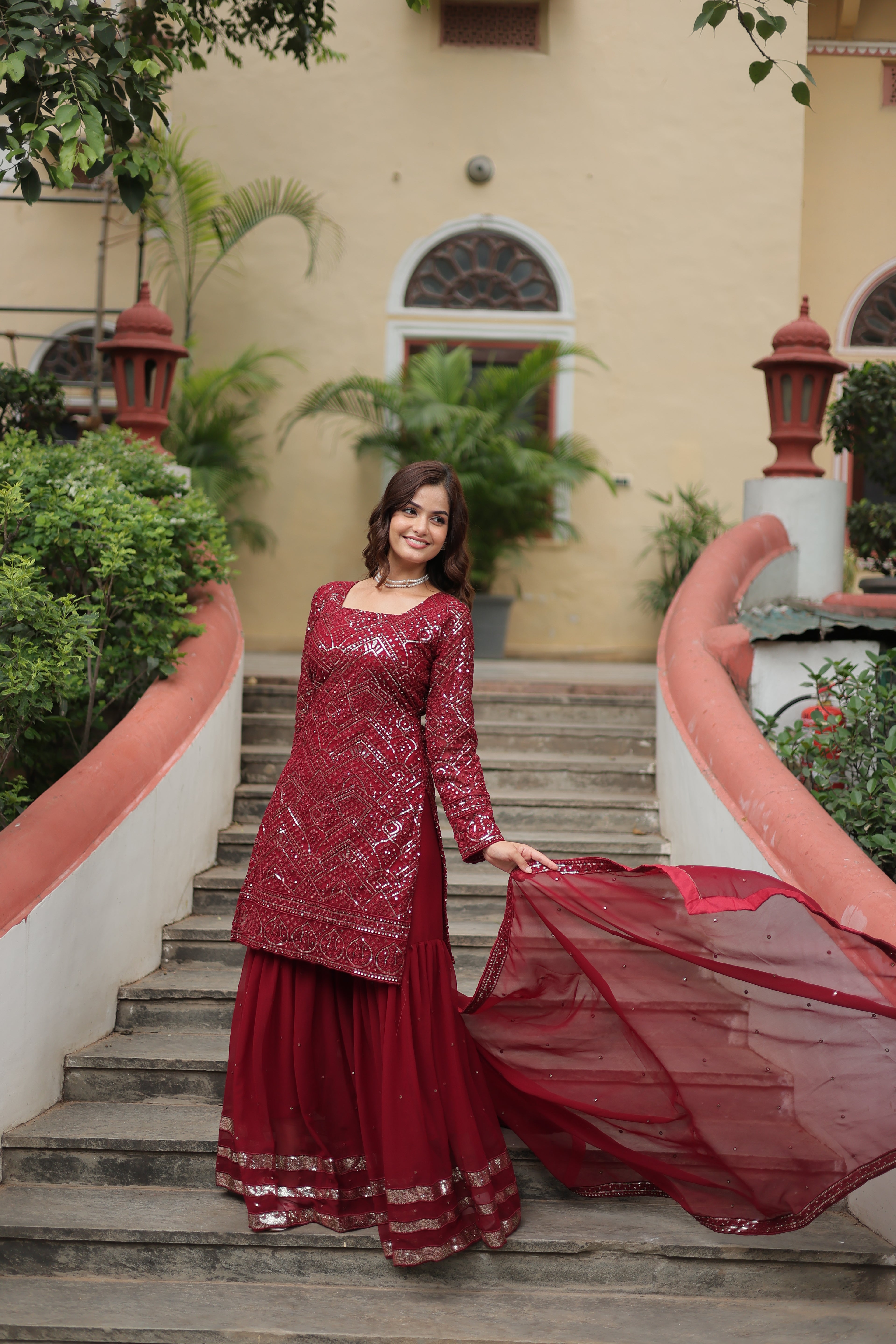 Women’s Maroon Georgette Salwar Suit – Elegant Embroidered Designer Wear