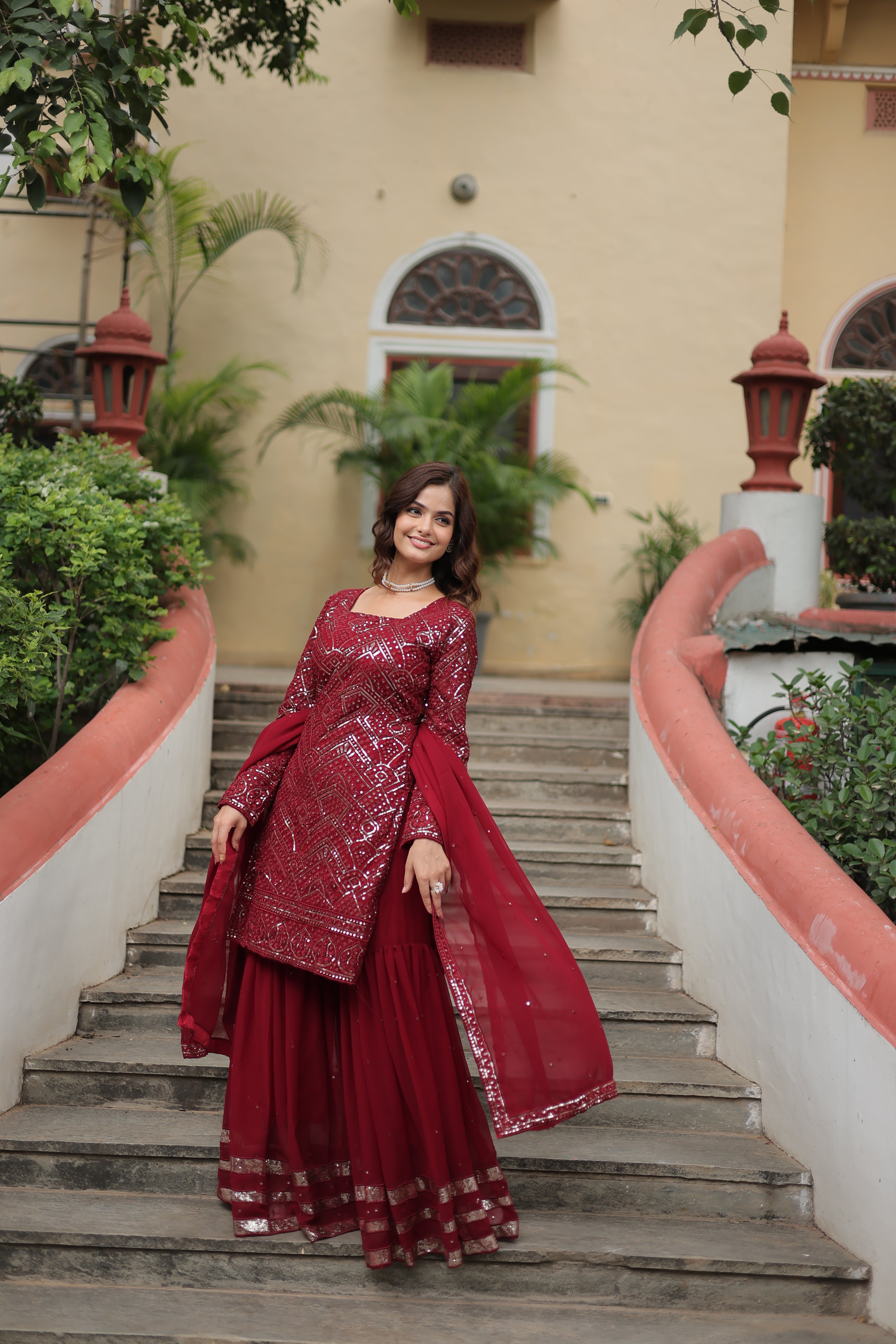 Women’s Maroon Georgette Salwar Suit – Elegant Embroidered Designer Wear