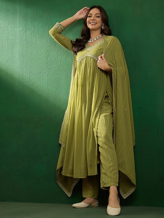 Women’s Green Viscose Chanderi Coding Embroidered Kurta Set with Lagdi Satin Dupatta