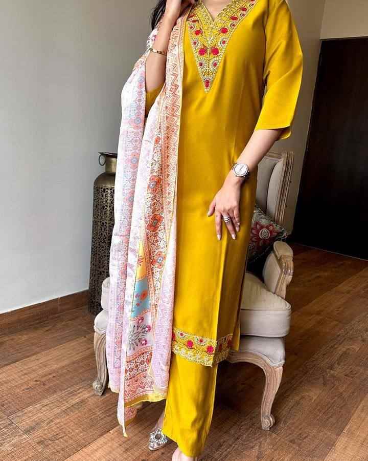 Women’s Mustard Viscose Chanderi Coding Embroidered Kurta Set with Silk Crepe Dupatta