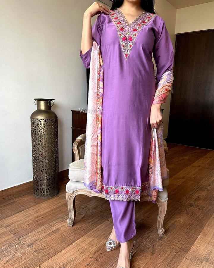 Women’s Purple Viscose Chanderi Coding Embroidered Kurta Set with Silk Crepe Dupatta
