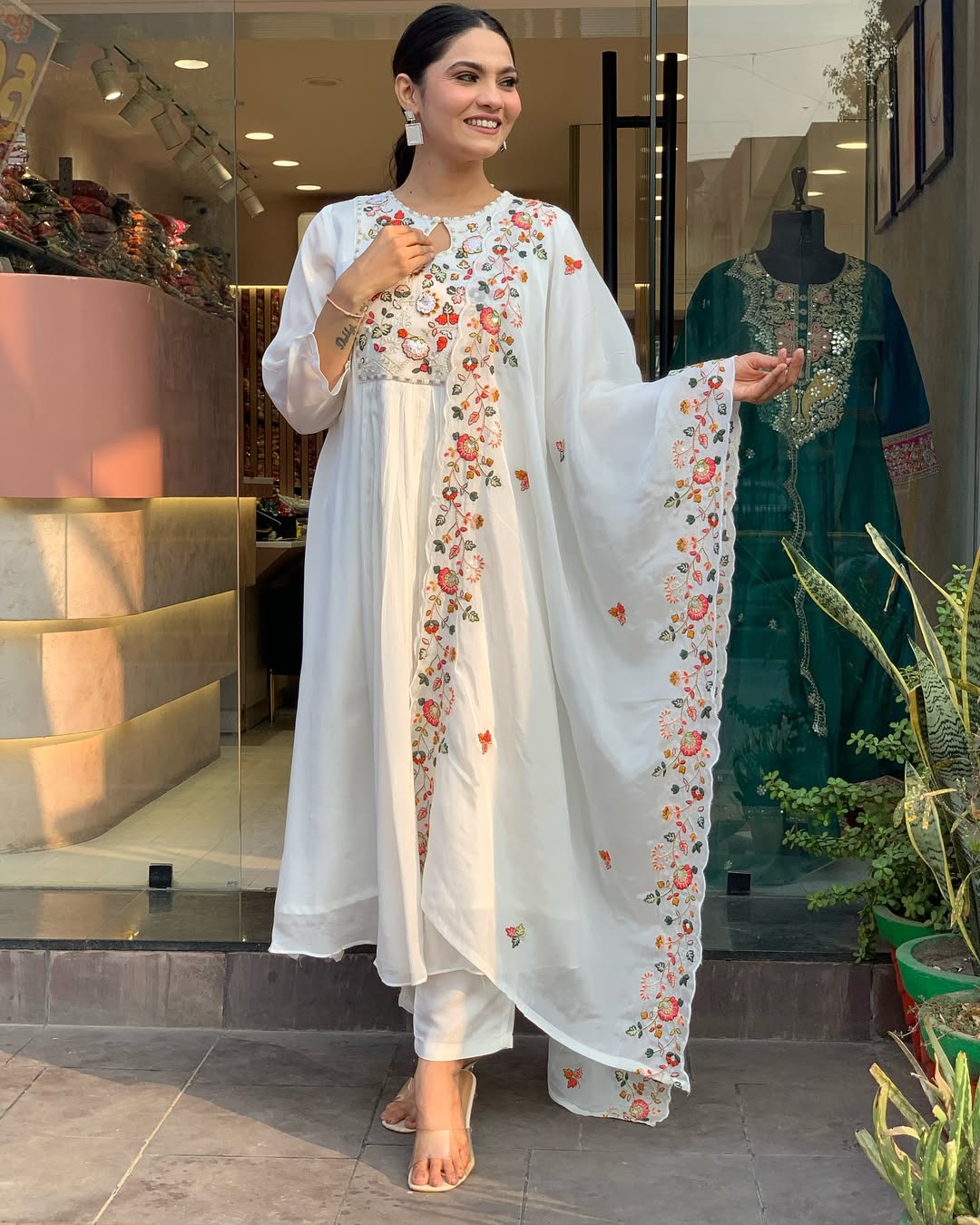 Women’s White Viscose Chinon Embroidered Kurta Set with Embroidered Chinon Dupatta