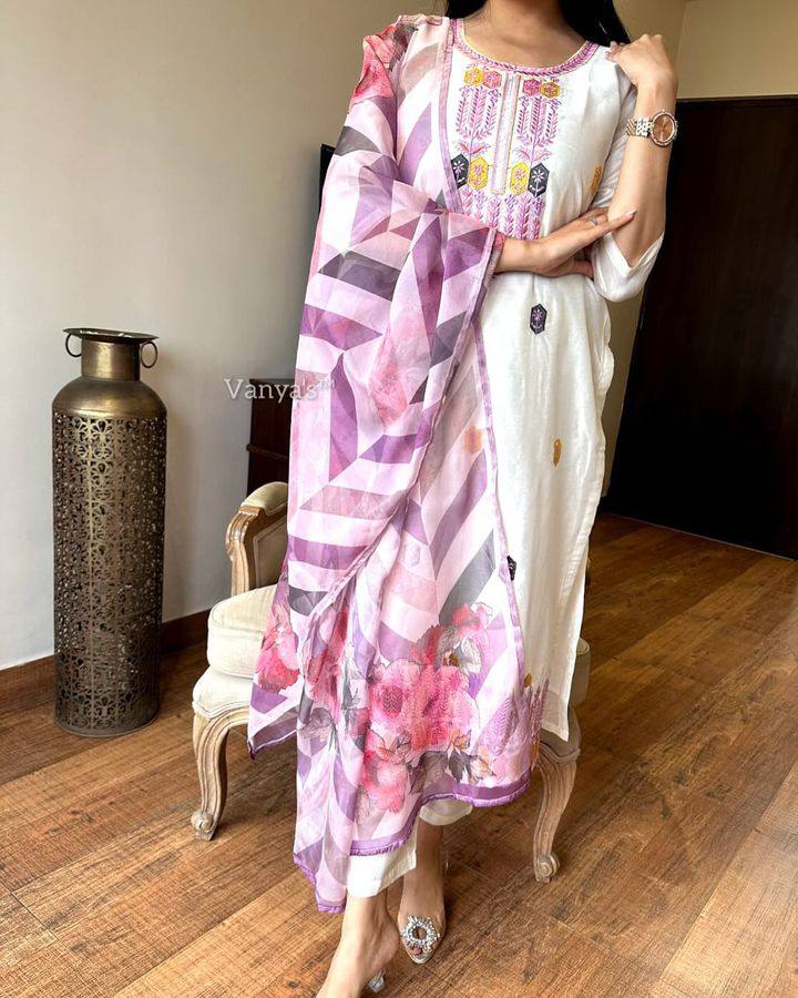 Women’s White Viscose Chanderi Coding Embroidered Kurta Set with Tebby-Silk Dupatta