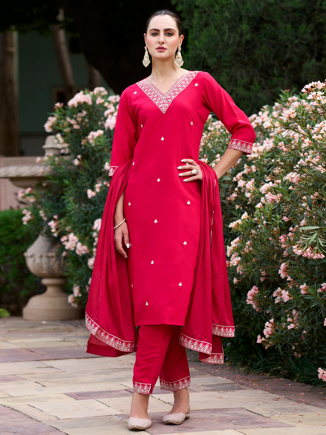 Women’s Pink Viscose Chanderi Coding Embroidered Kurta Set with Chinon Dupatta