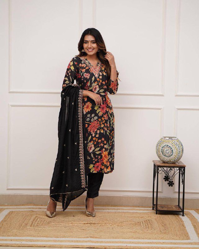 Women’s Black Pure Russian Silk Coding Embroidered Kurta Set with Viscose Chanderi Bottom & Dupatta