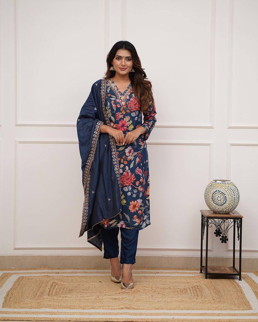 Women’s Blue Pure Russian Silk Coding Embroidered Kurta Set with Viscose Chanderi Bottom & Dupatta