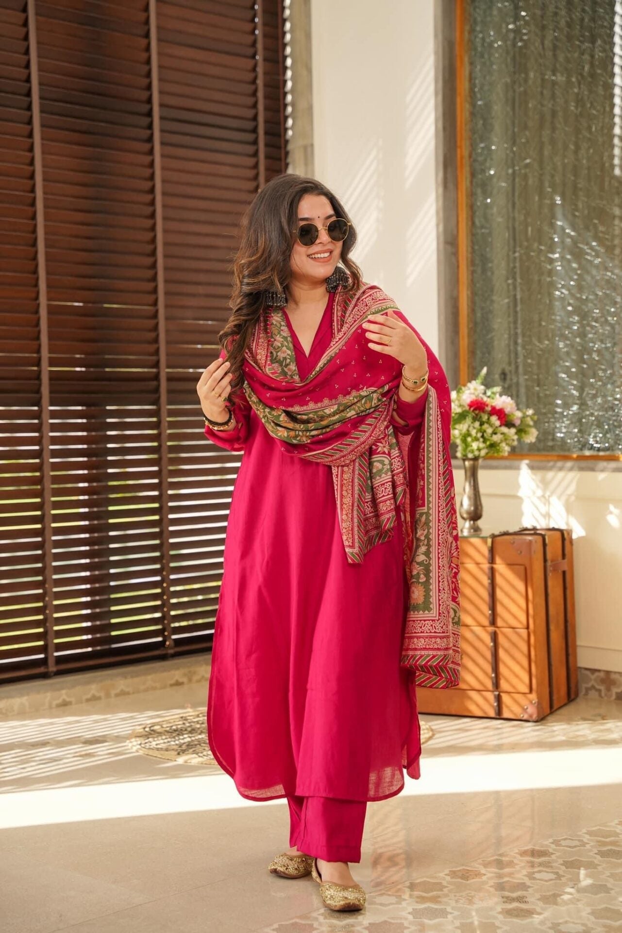 Women’s Red South Cotton Top-Bottom Set with Chanderi Silk Dupatta