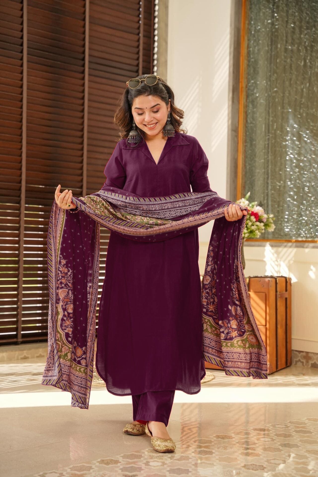Women’s Wine South Cotton Top-Bottom Set with Chanderi Silk Dupatta