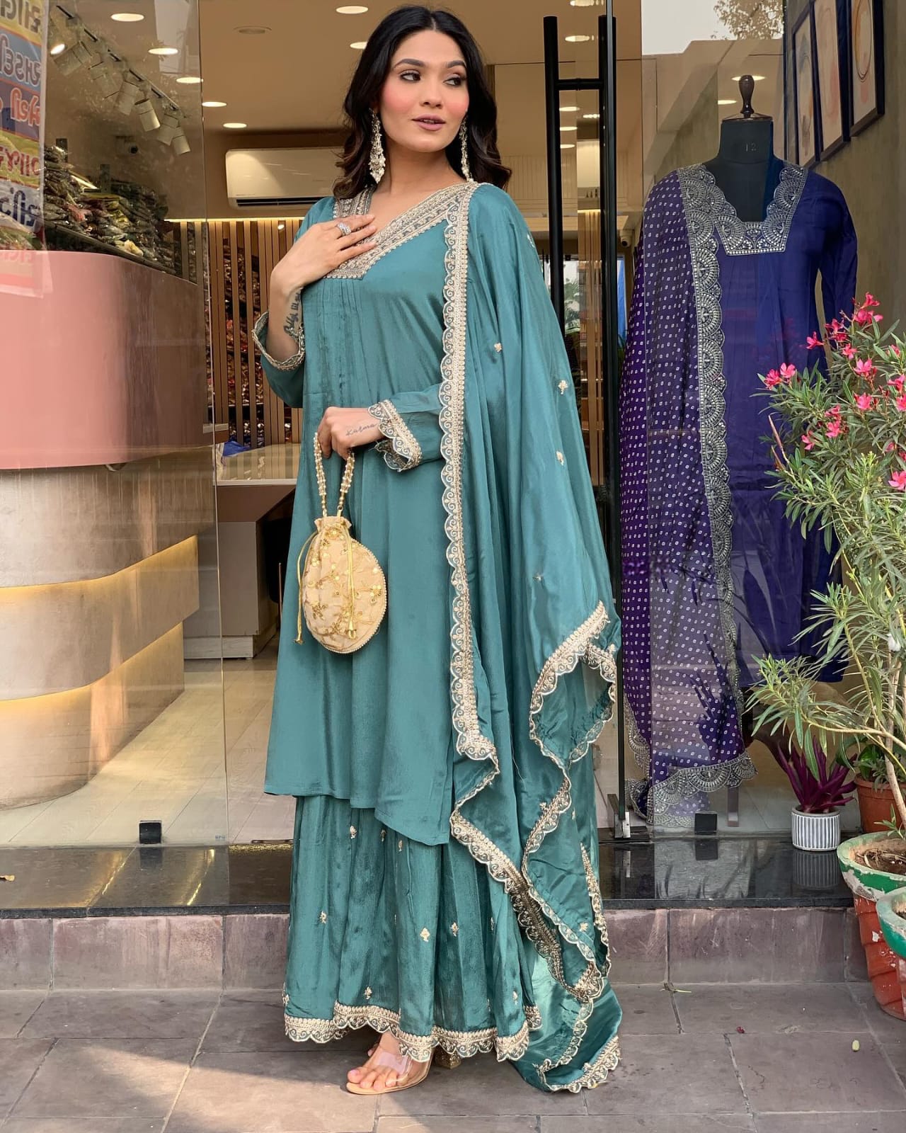 Women’s Grey Elegant Chinon Silk Embroidered Ensemble with Matching Dupatta
