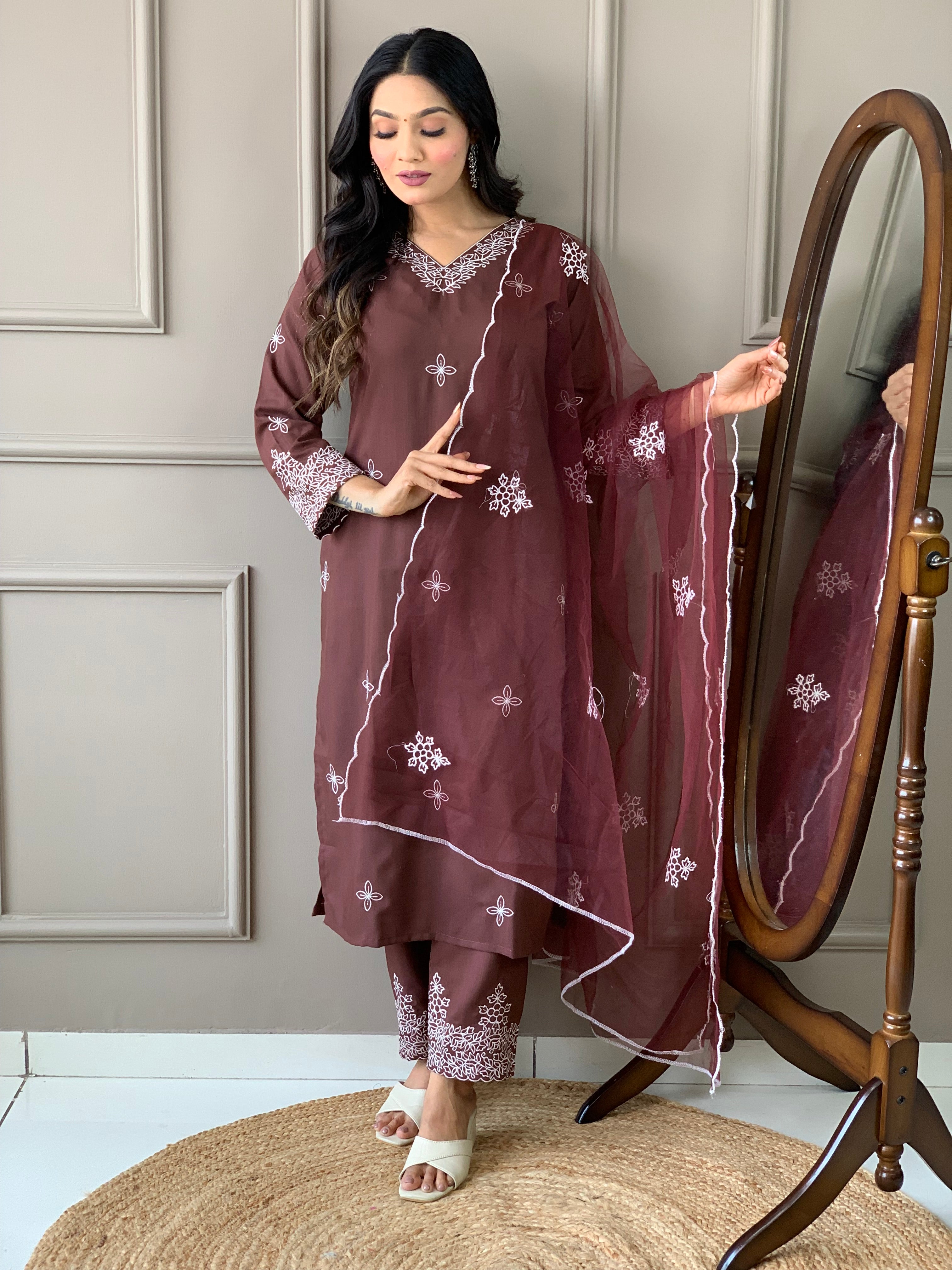 Women's Brown Slub Embroidered Kurta Set with Elegant Net Dupatta