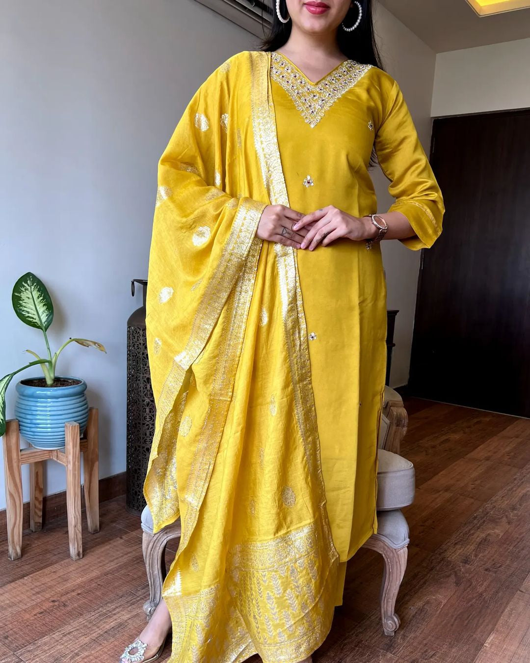 Women's Yellow Embroidered Chanderi Silk Kurta Set – Graceful & Festive