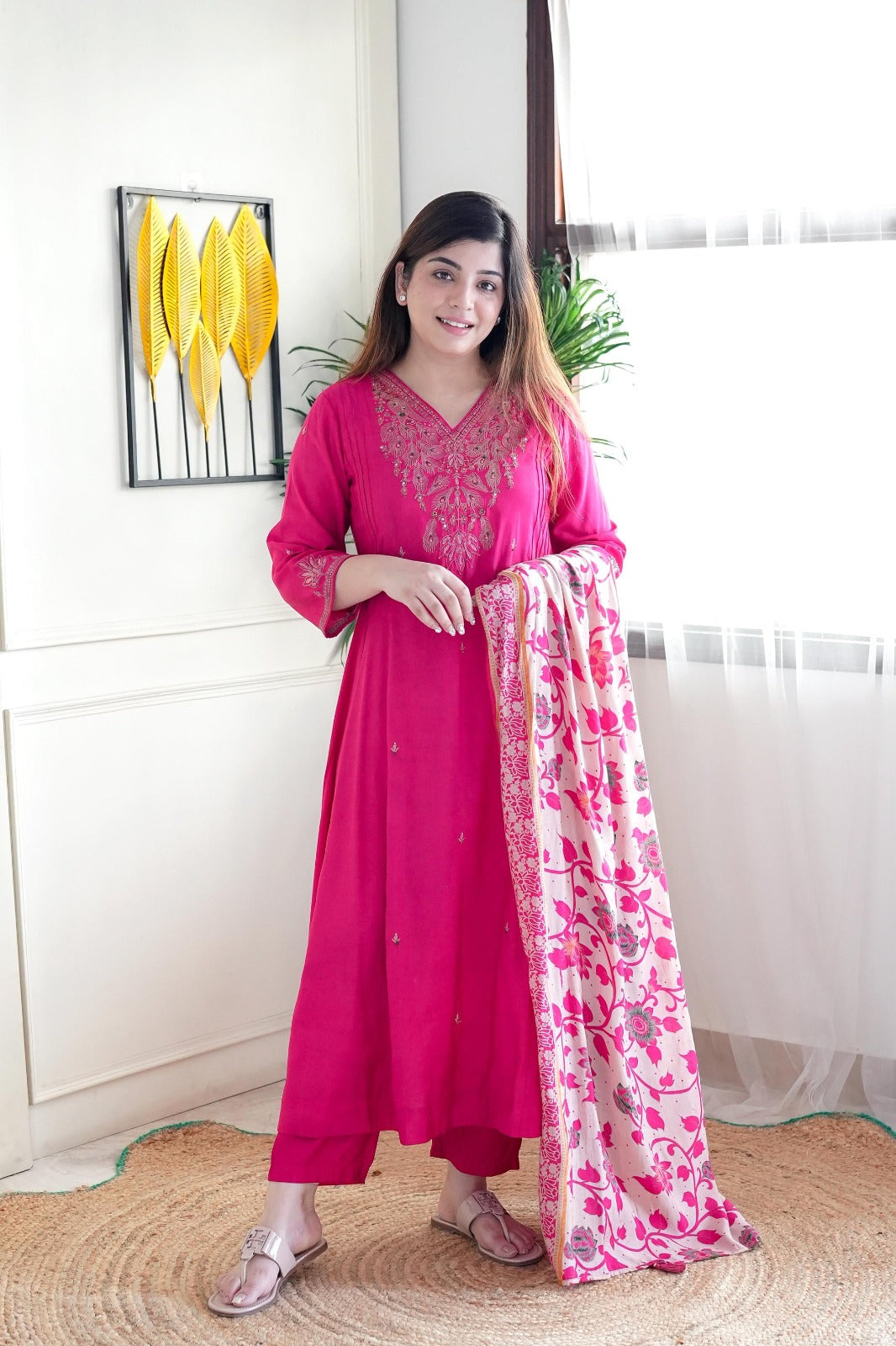 Elegant Pink Viscose Chanderi Embroidered Top with Bottom and Printed Chanderi Dupatta