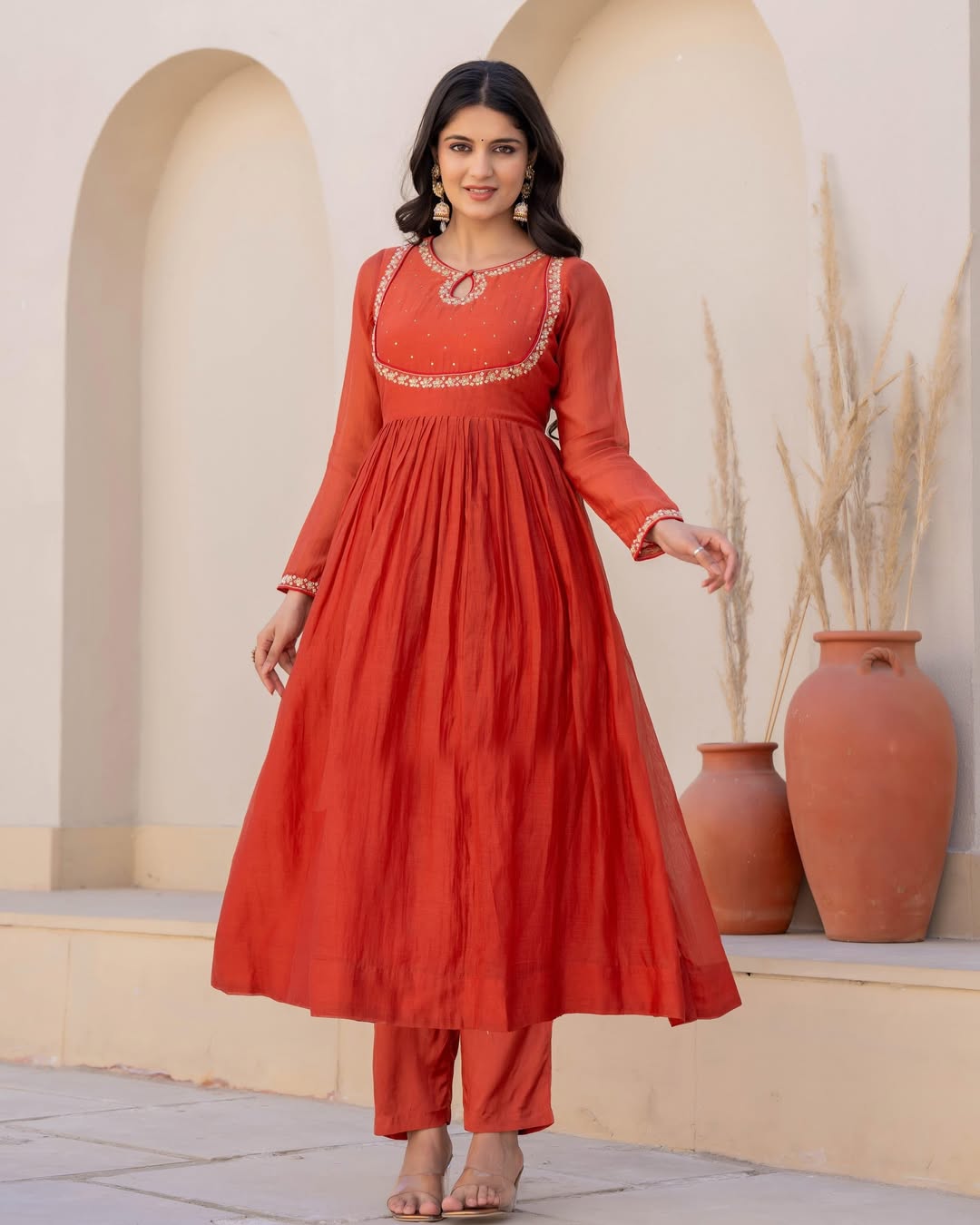 Women's Orange Viscose Silk Kurta Set with Intricate Embroidery and Silk Dupatta