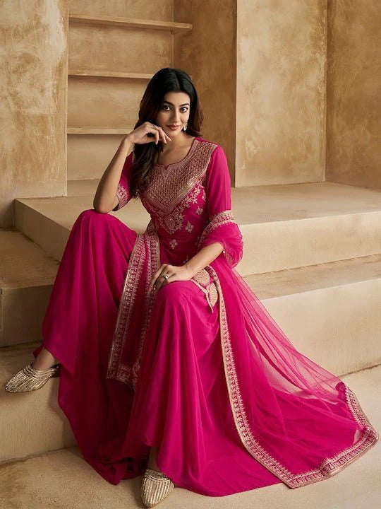 Women’s Pink Georgette Suit Set with Flowing Butter Net Dupatta