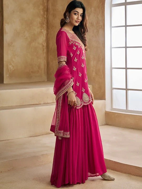 Women’s Pink Georgette Suit Set with Flowing Butter Net Dupatta