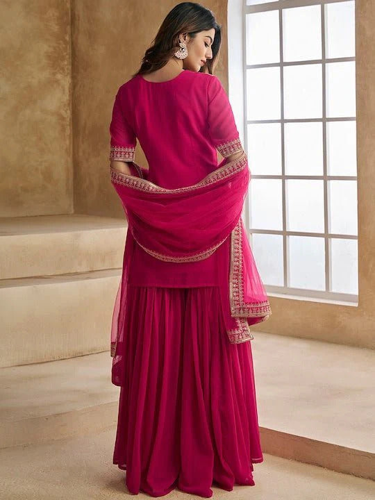 Women’s Pink Georgette Suit Set with Flowing Butter Net Dupatta