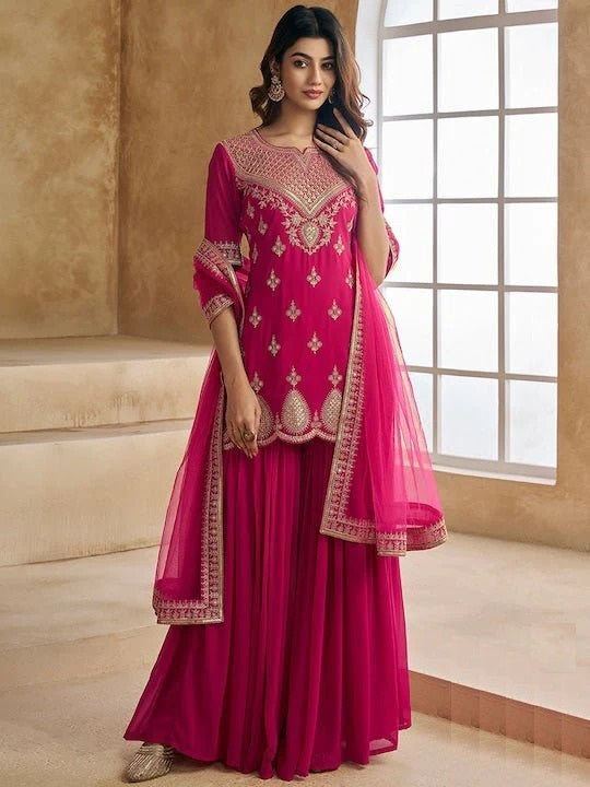 Women’s Pink Georgette Suit Set with Flowing Butter Net Dupatta
