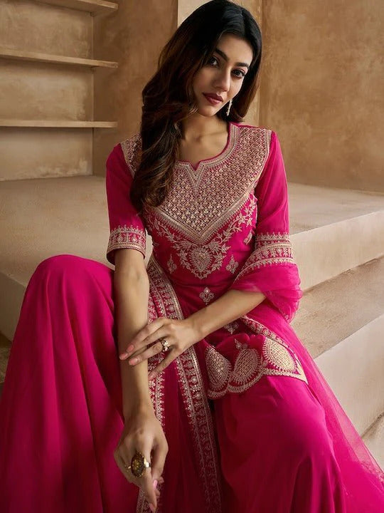 Women’s Pink Georgette Suit Set with Flowing Butter Net Dupatta