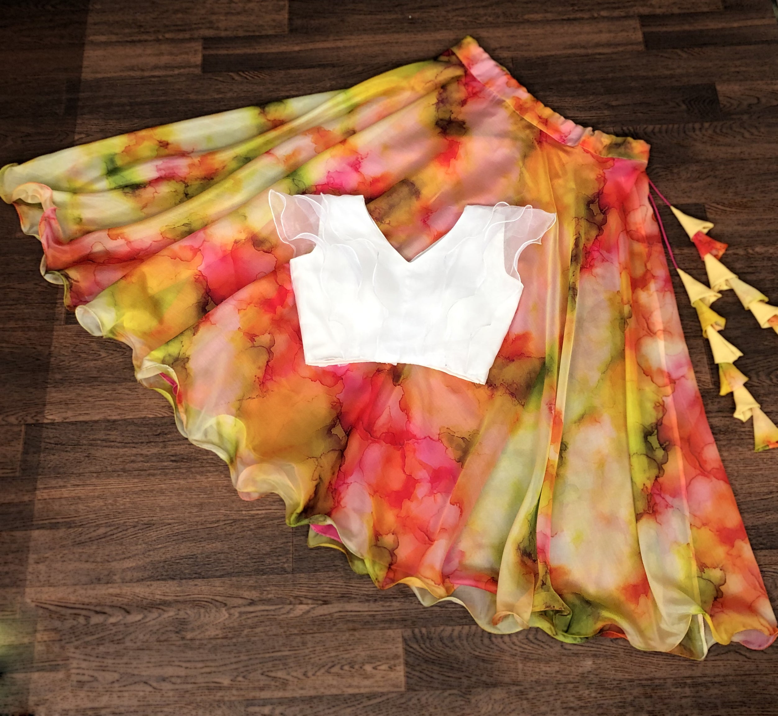 Soft Organza Digital Print Lehenga Choli Set with Frill Blouse | 7 Meter Flair | Full-Stitched | Size 38–44