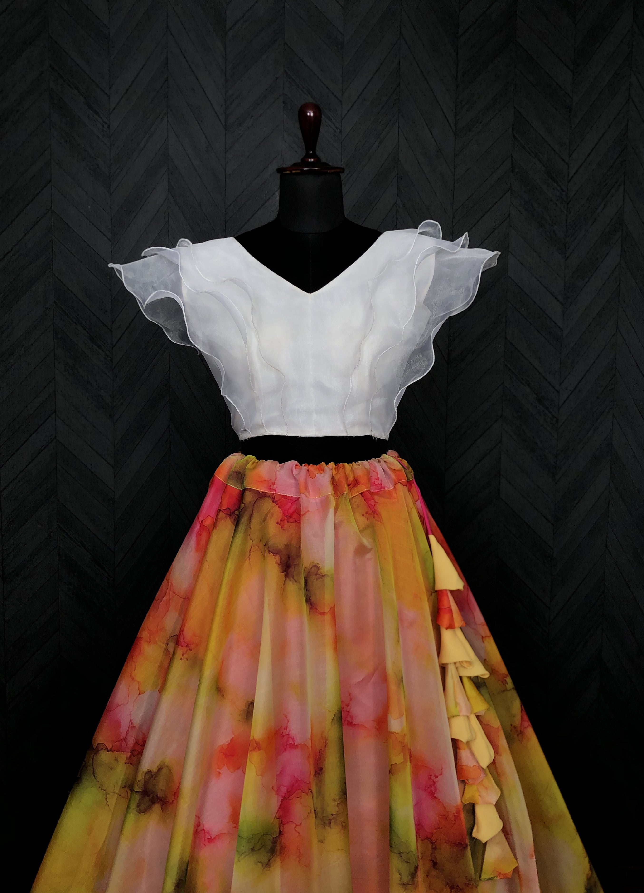 Soft Organza Digital Print Lehenga Choli Set with Frill Blouse | 7 Meter Flair | Full-Stitched | Size 38–44