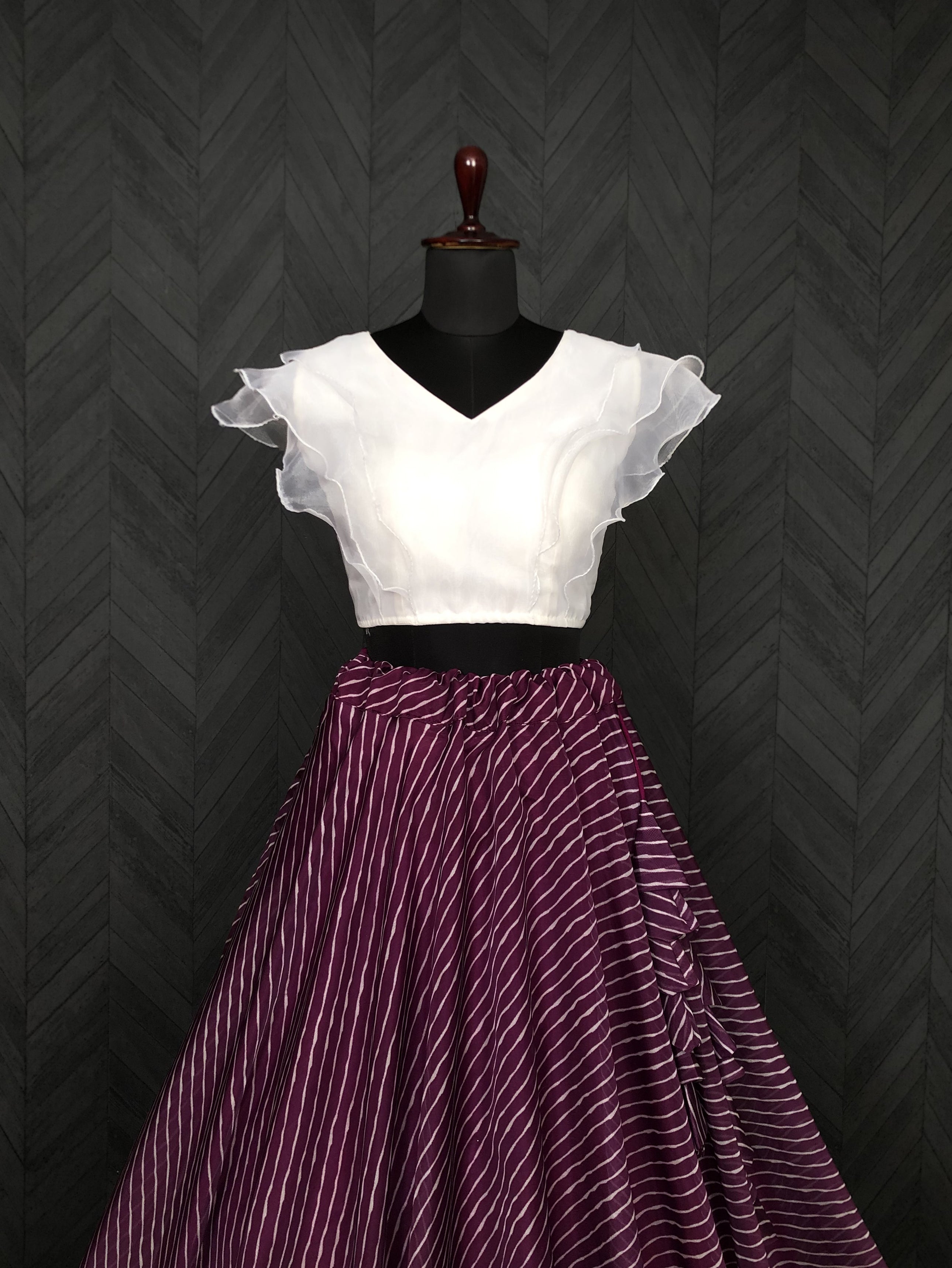 Soft Organza Wine Leheriya Print Lehenga Choli Set with Frill Blouse | 7 Mtr Flair | Full-Stitched | Size 38–44