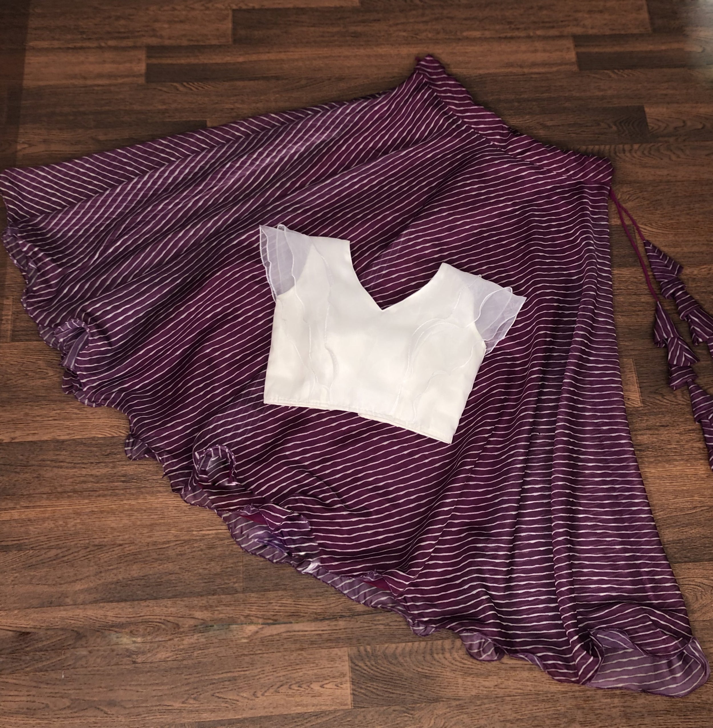 Soft Organza Wine Leheriya Print Lehenga Choli Set with Frill Blouse | 7 Mtr Flair | Full-Stitched | Size 38–44