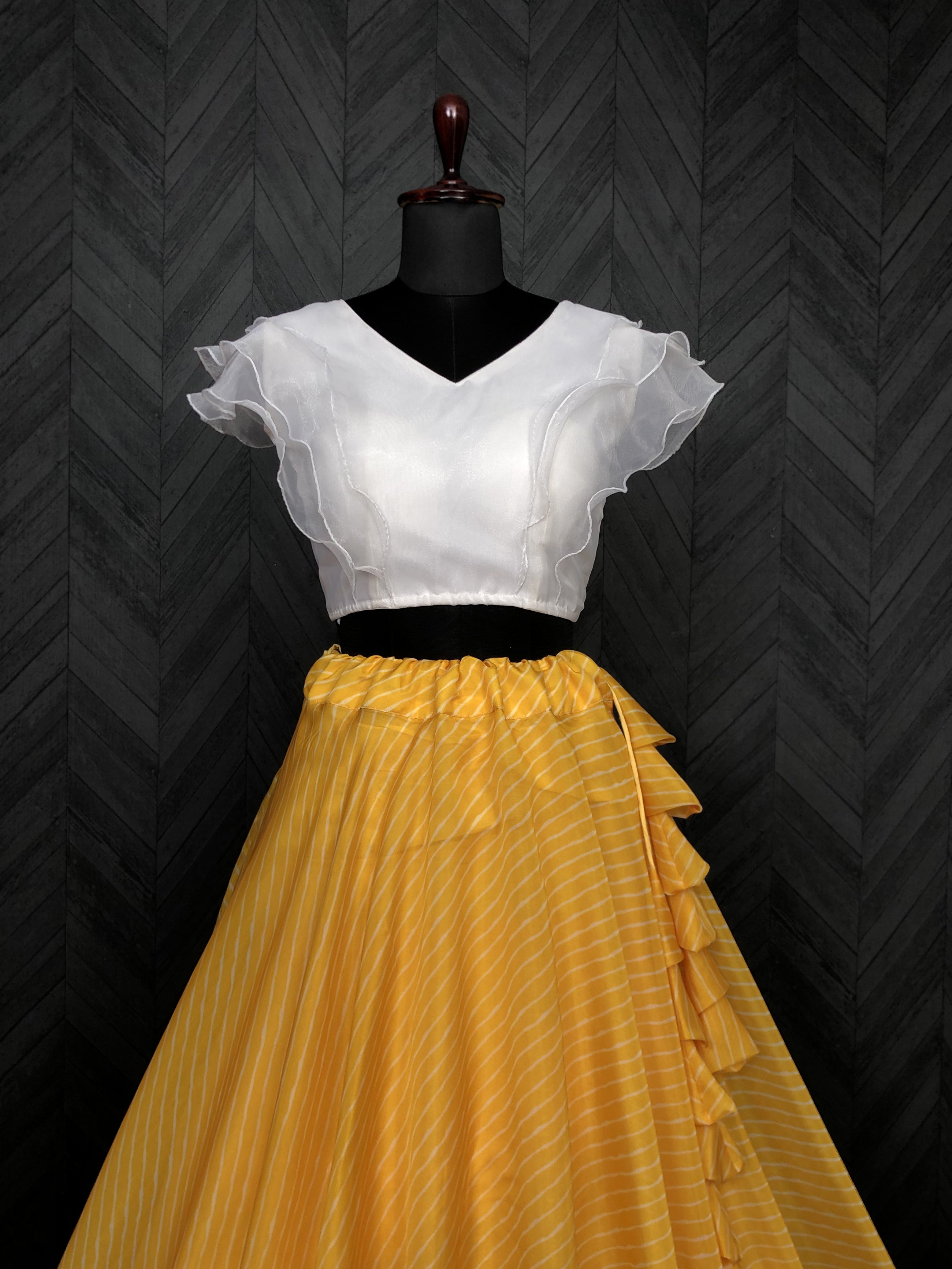 Soft Organza Yellow Laheriya Print Lehenga Choli Set with Frill Blouse | 7 Mtr Flair | Full-Stitched | Size 38–44