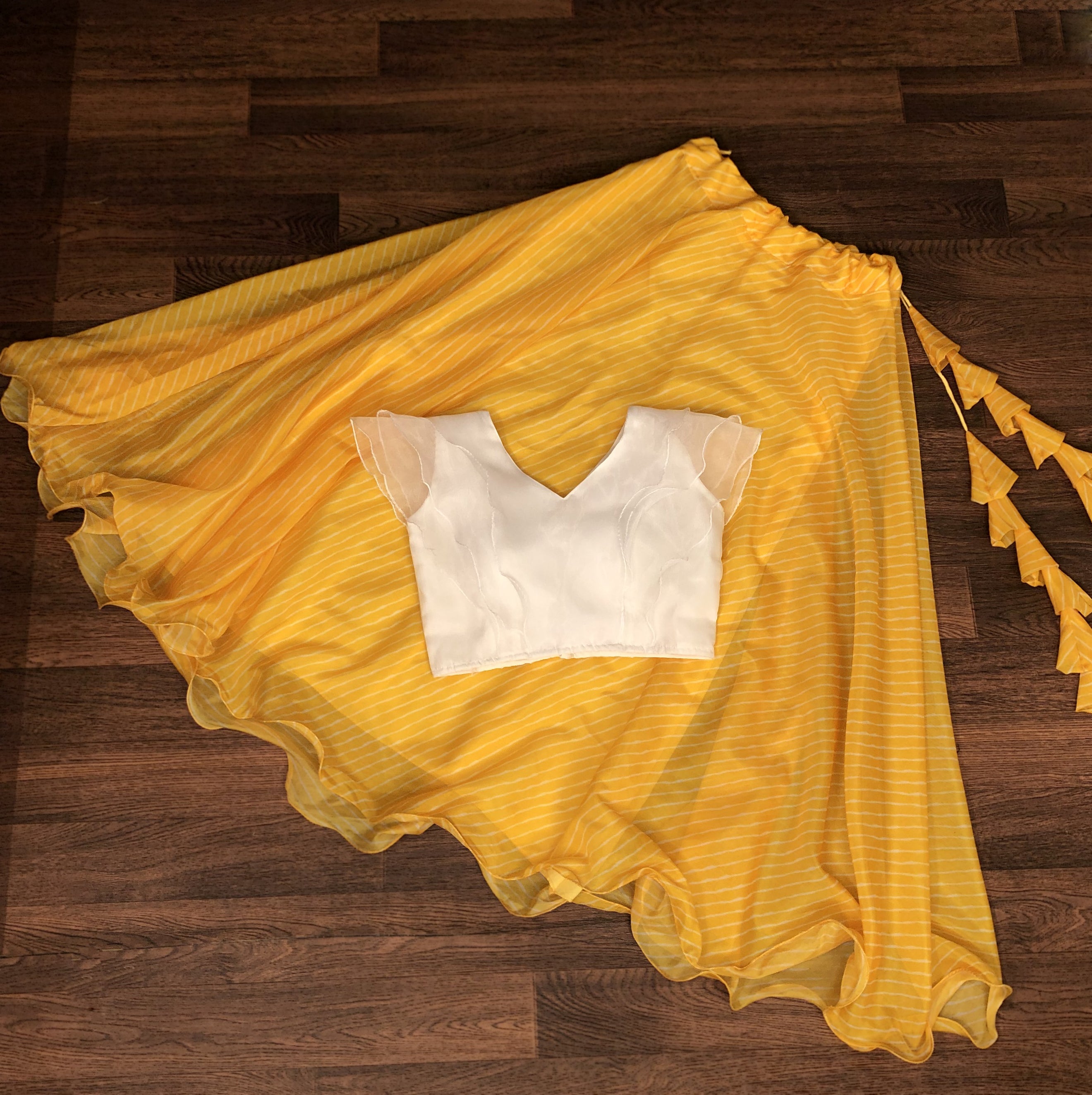 Soft Organza Yellow Laheriya Print Lehenga Choli Set with Frill Blouse | 7 Mtr Flair | Full-Stitched | Size 38–44