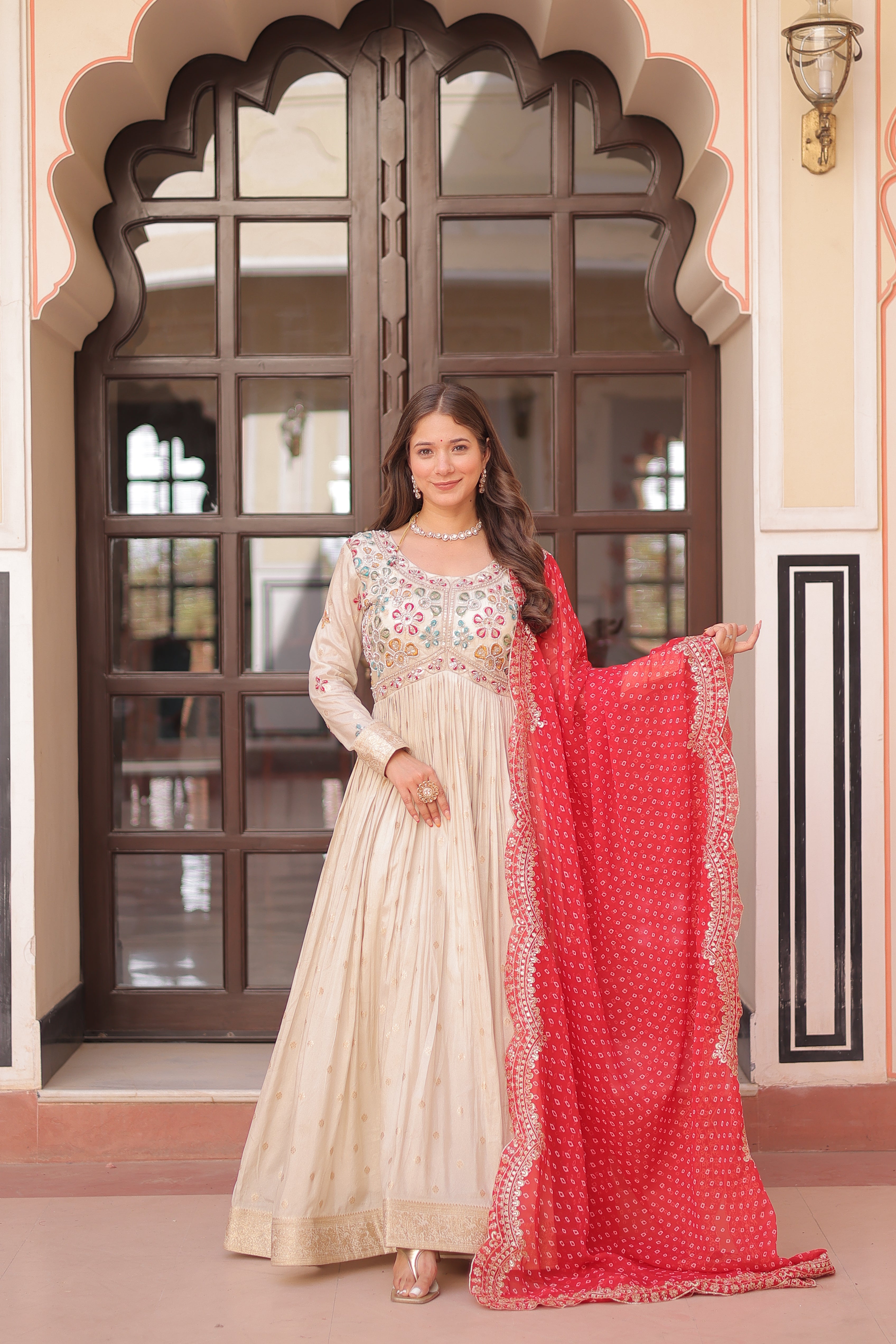 Cosmos Jacquard Red Gown with Pearl Embroidery & Bandhani Dupatta | Full Stitched | Canvas Finish