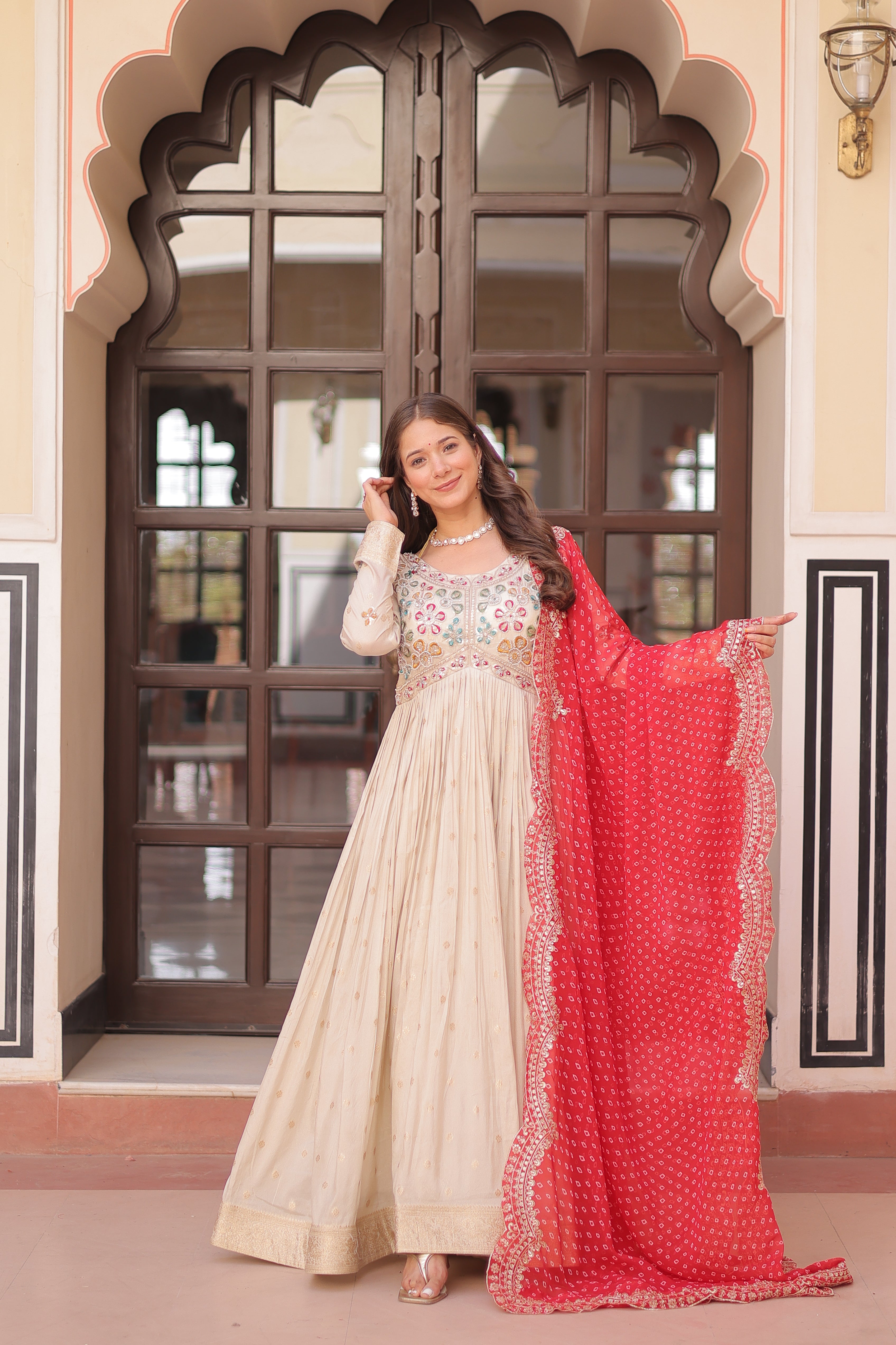 Cosmos Jacquard Red Gown with Pearl Embroidery & Bandhani Dupatta | Full Stitched | Canvas Finish