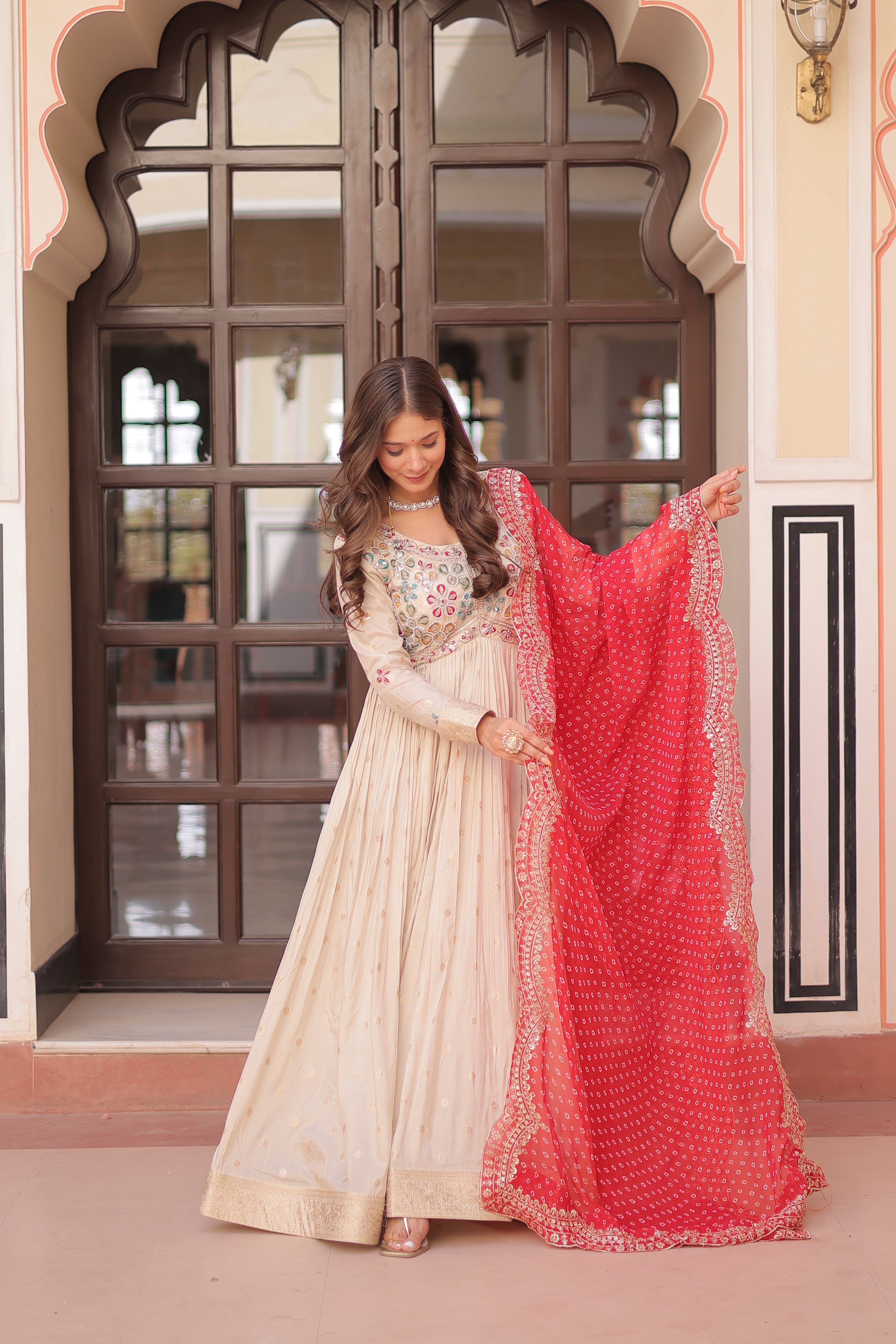 Cosmos Jacquard Red Gown with Pearl Embroidery & Bandhani Dupatta | Full Stitched | Canvas Finish