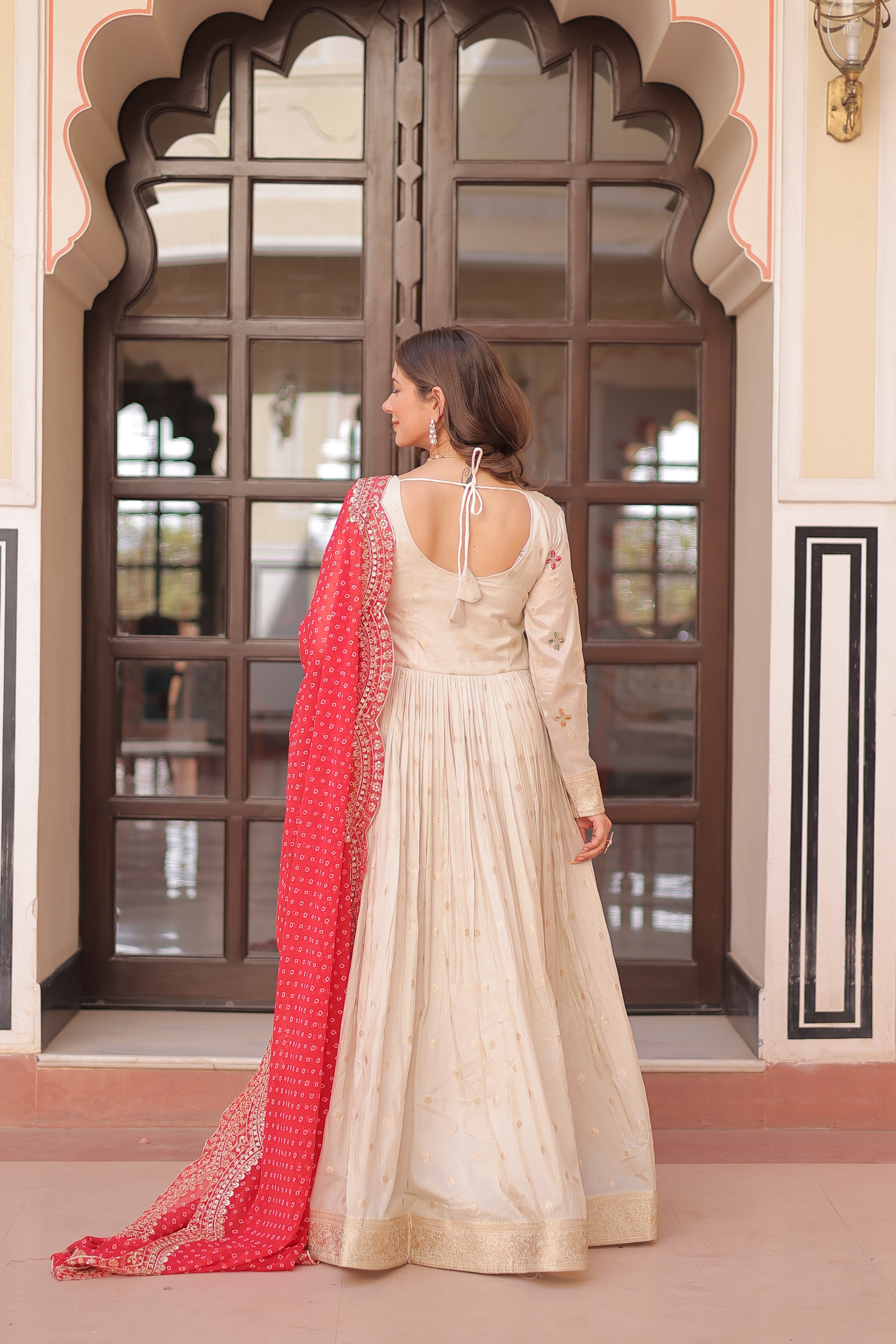 Cosmos Jacquard Red Gown with Pearl Embroidery & Bandhani Dupatta | Full Stitched | Canvas Finish