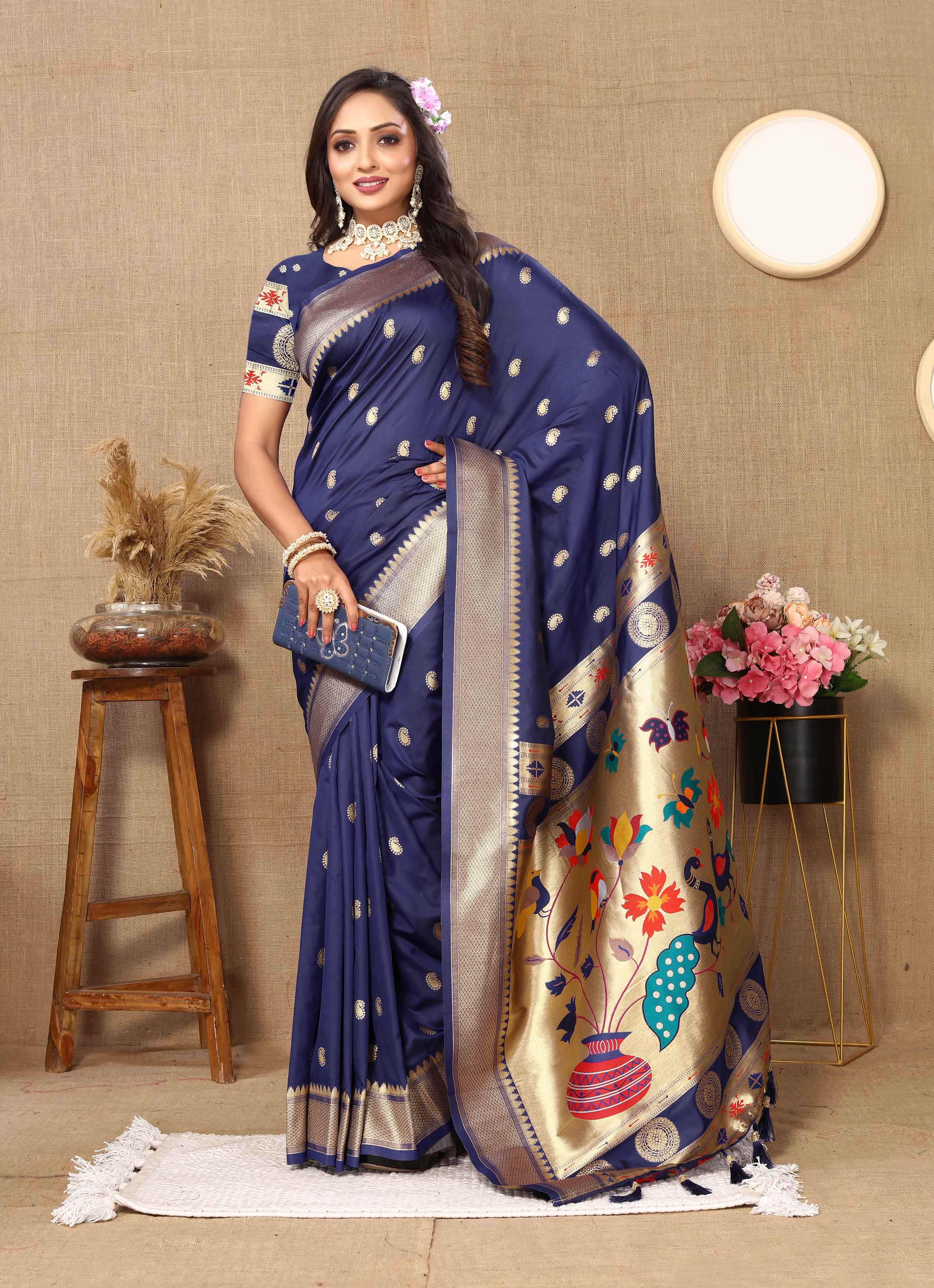 Navy Blue Soft Paithani Silk Saree with Zari Motifs, Meenakari Pallu & Contrast Blouse